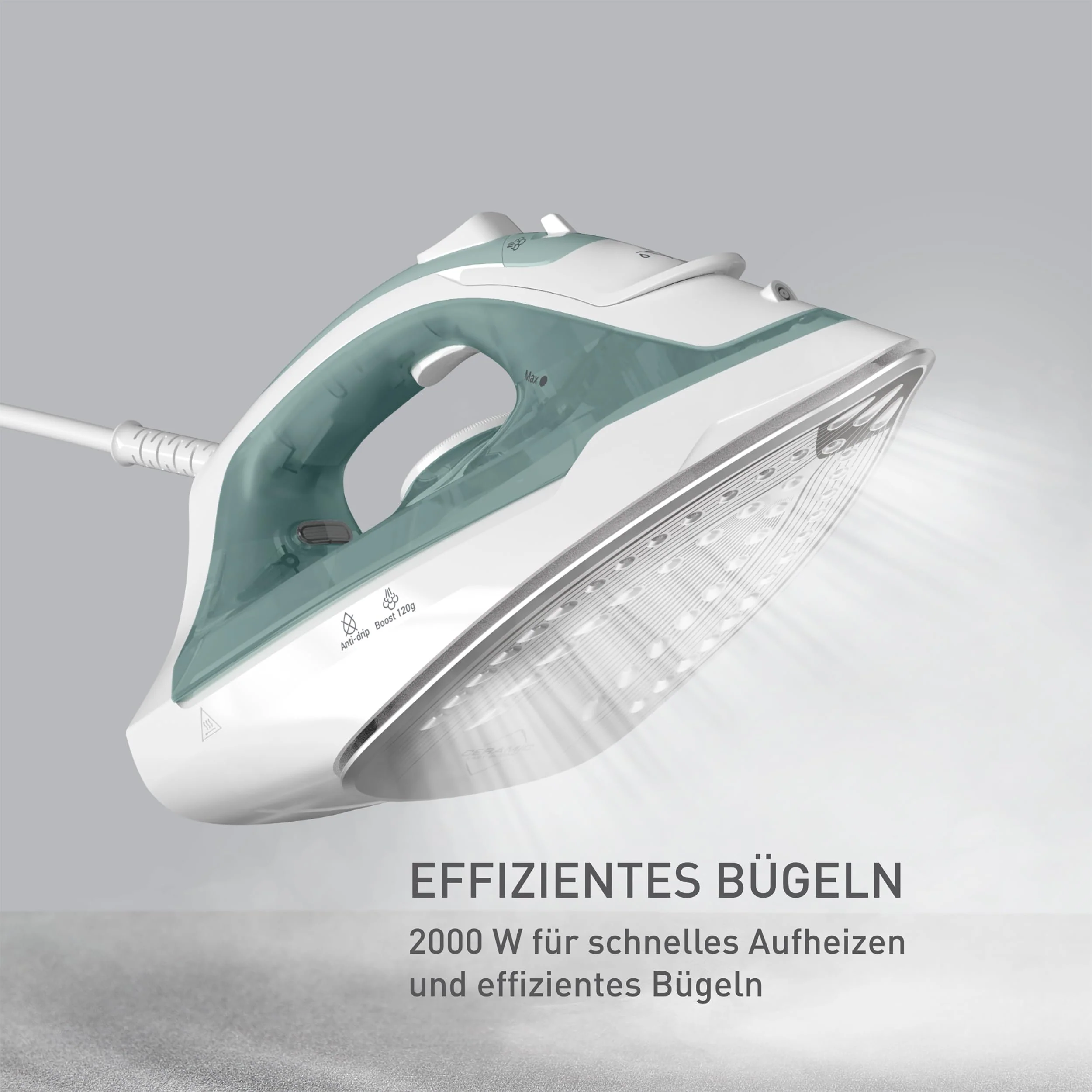 Tefal Virtuo 30 Dampfbügeleisen, 2000 W, 27 g/Min. Dampfabgabe, 120 g/Min. Dampfstoß, 30 Sek. Aufheizzeit, Vertikaldampf, Tropfstopp, Präzisionsbügelspitze, Eukalyptus, FV2C42E0 - Image 4