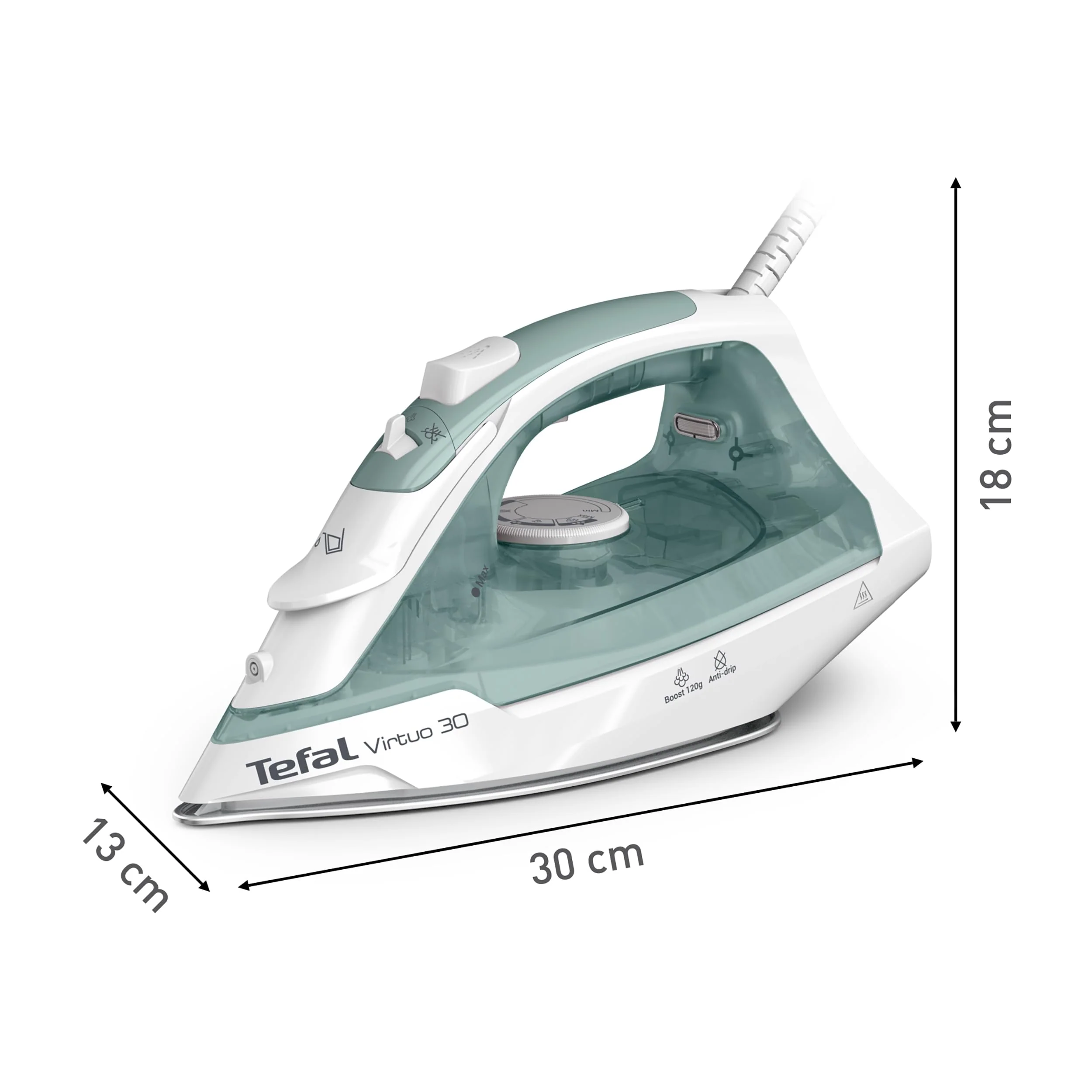 Tefal Virtuo 30 Dampfbügeleisen, 2000 W, 27 g/Min. Dampfabgabe, 120 g/Min. Dampfstoß, 30 Sek. Aufheizzeit, Vertikaldampf, Tropfstopp, Präzisionsbügelspitze, Eukalyptus, FV2C42E0 - Image 5