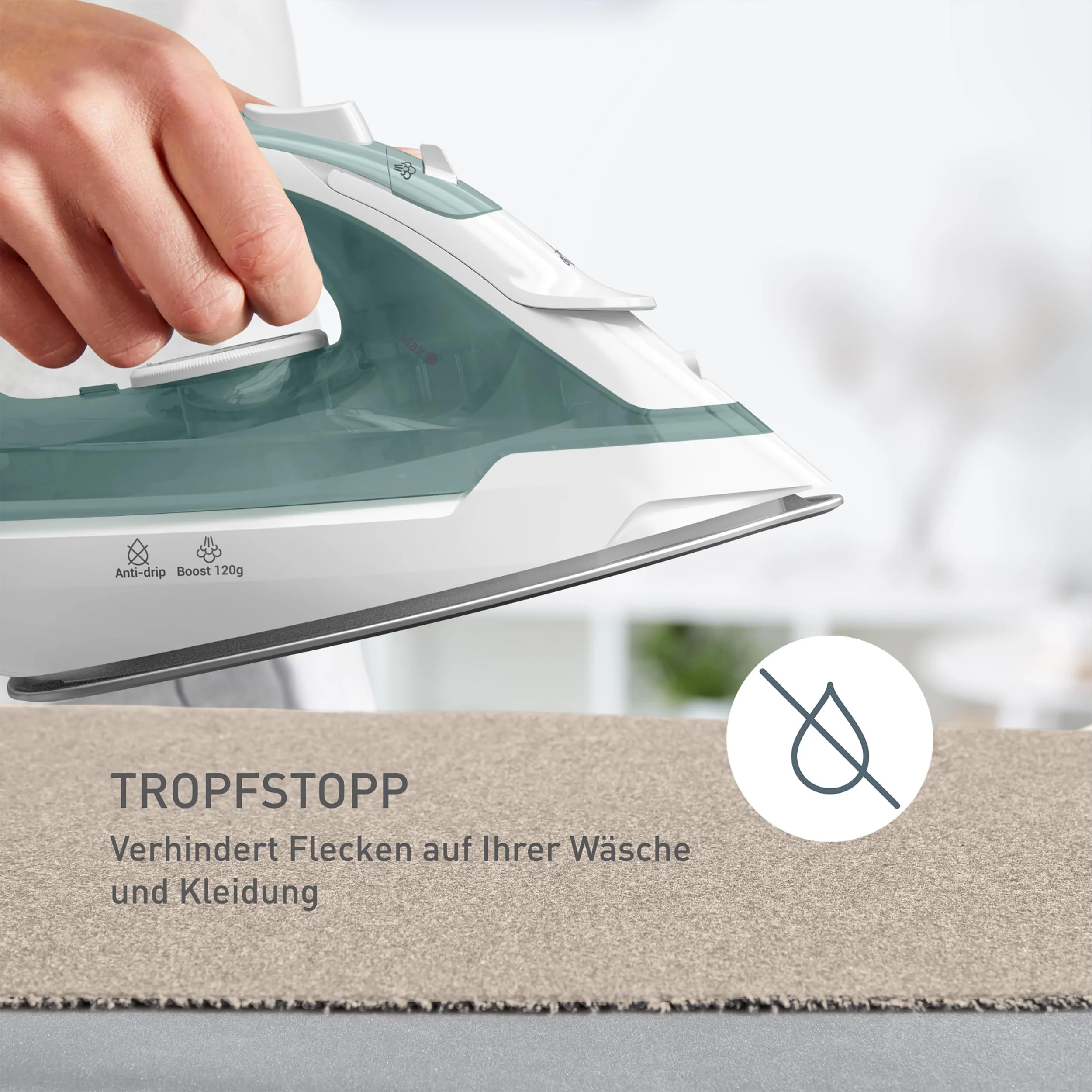 Tefal Virtuo 30 Dampfbügeleisen, 2000 W, 27 g/Min. Dampfabgabe, 120 g/Min. Dampfstoß, 30 Sek. Aufheizzeit, Vertikaldampf, Tropfstopp, Präzisionsbügelspitze, Eukalyptus, FV2C42E0 - Image 6
