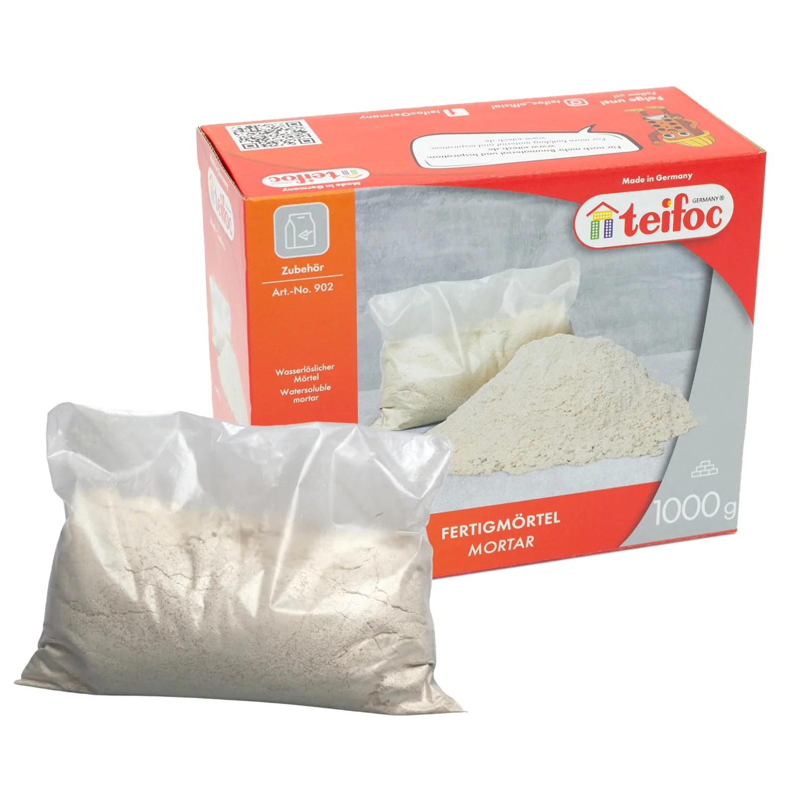 Teifoc 902 - Fertigmörtel 1000 g, wasserlöslicher Mörtel zum Basteln, Bauen für Mädchen und Jungen mit Zement, Montessori Spielzeug, DIY Modellbau für Kinder, Beton zum Mauern mit Mini Ziegelsteinen