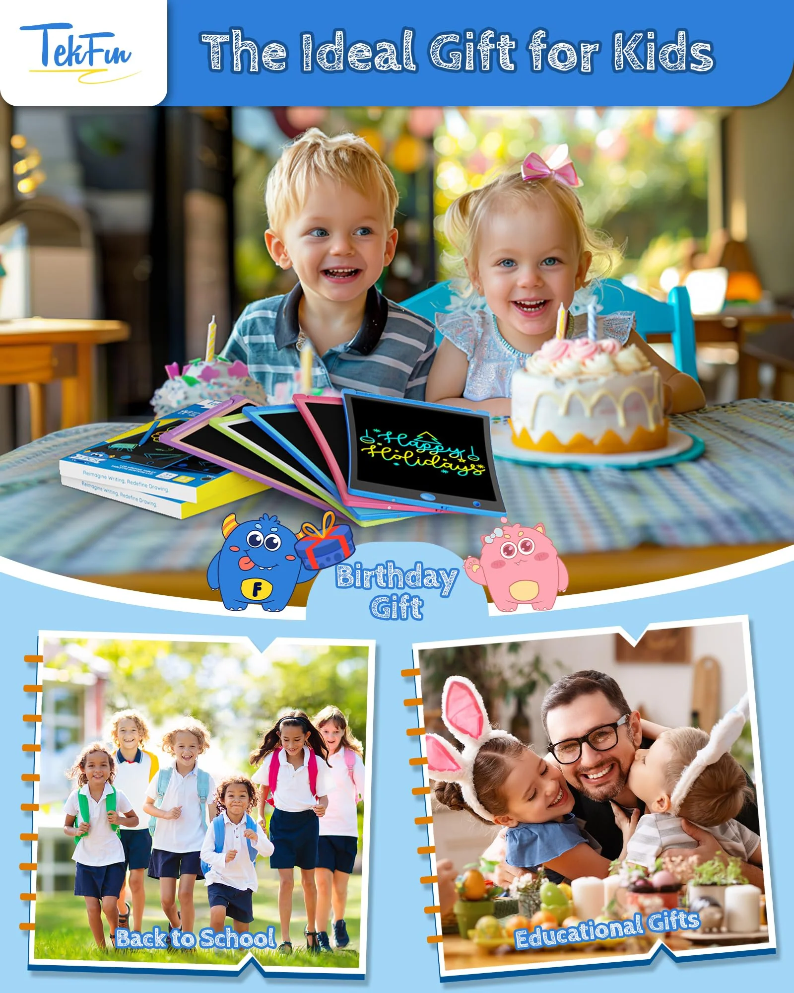 TEKFUN 2 Stück LCD Schreibtafel Kinder Zeichenbrett 8,5 Zoll Bildschirm Umweltfreundlich Bunten Maltafel Zaubertafel mit Lanyard, Lernspielzeug Geschenke für 3 4 5 6 7 Mädchen Jungen (Rosa+Blau) - Image 6