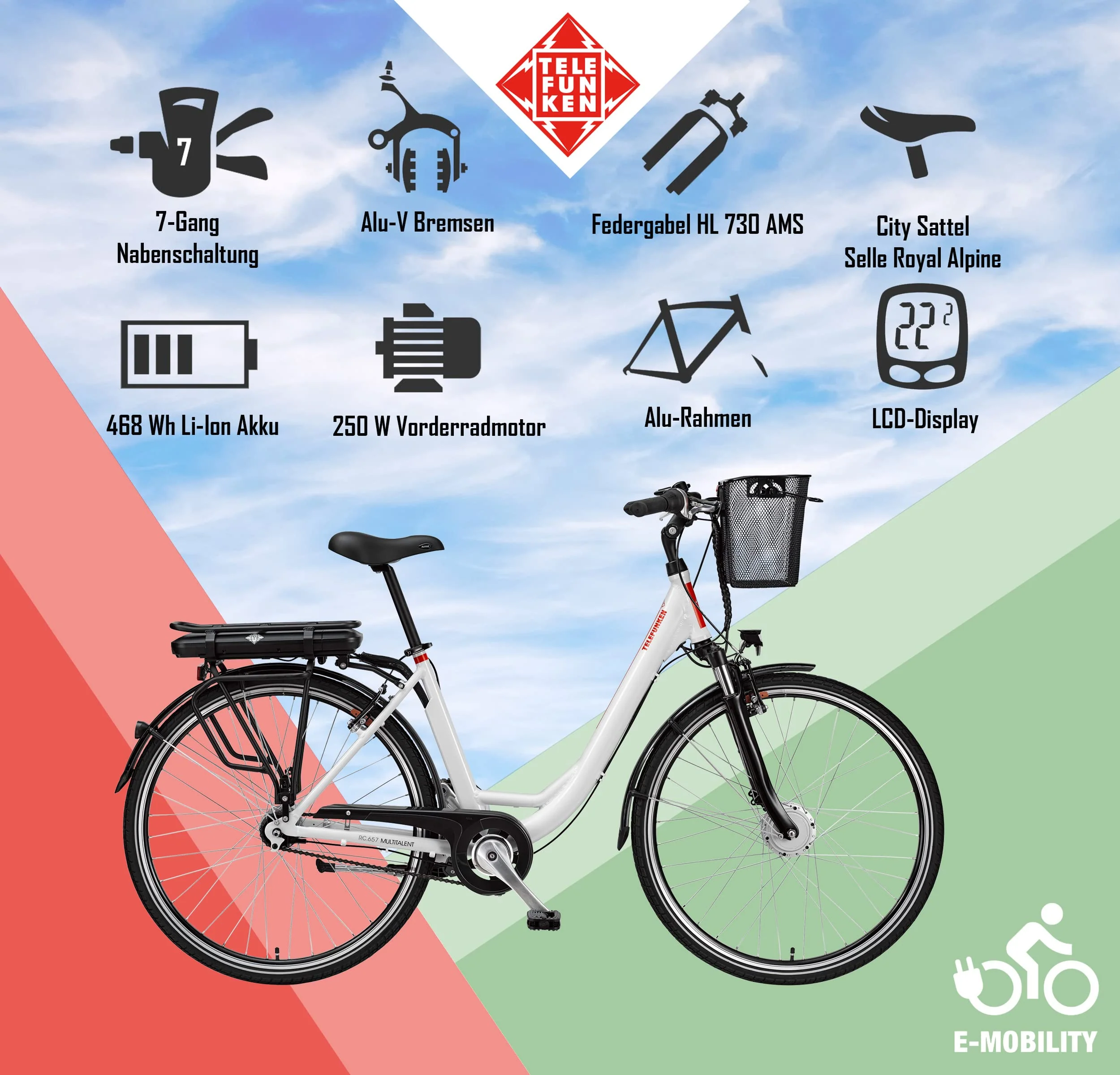 TELEFUNKEN E-Bike 28 Zoll Elektrofahrrad Alu mit 7-Gang Shimano Nabenschaltung, Pedelec Citybike mit Fahrradkorb, 250W und 13Ah, 36V Lithium-Ionen-Akku Multitalent weiß + ‎Sekura Fahrradschloss - Image 7
