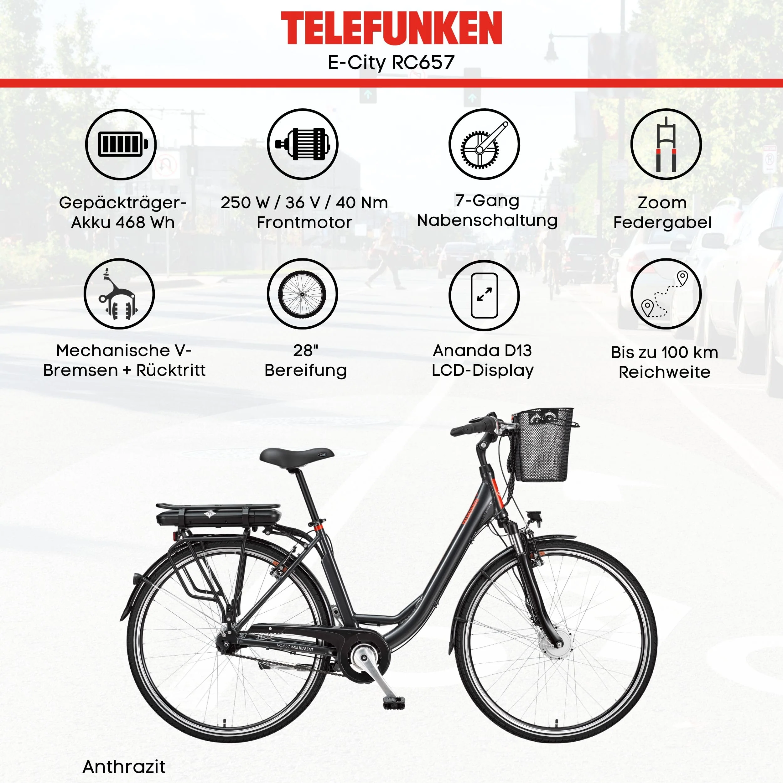 TELEFUNKEN E-Bike 28 Zoll Fahrrad für Damen & Herren | Pedelec Citybike mit 7-Gang Nabenschaltung | Rücktritt | EBike inkl Panzerkabelschloss | Elektrofahrrad 250 W Frontmotor | 536 Wh Li-Ion Akku - Image 6