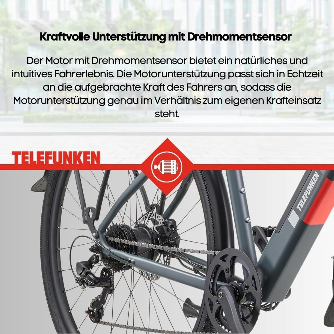 TELEFUNKEN E-Bike 28 Zoll Fahrrad für Damen & Herren | Pedelec Urban Citybike 7-Gang Kettenschaltung | Hydr. Scheibenbremsen | inkl. Panzerschloss | Elektrofahrrad 250 W Heckmotor | 417 Wh Li-Ion-Akku - Image 4