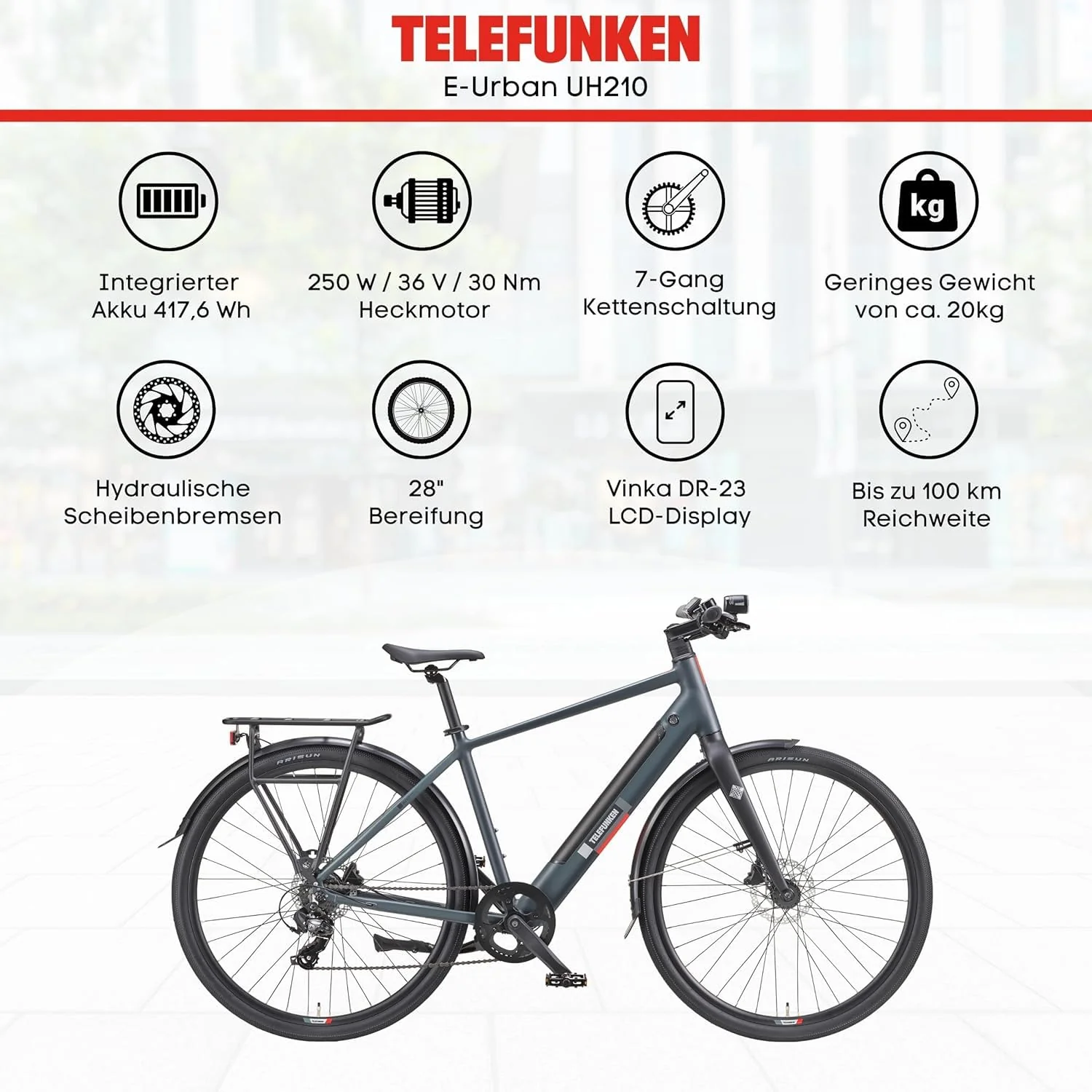 TELEFUNKEN E-Bike 28 Zoll Fahrrad für Damen & Herren | Pedelec Urban Citybike 7-Gang Kettenschaltung | Hydr. Scheibenbremsen | inkl. Panzerschloss | Elektrofahrrad 250 W Heckmotor | 417 Wh Li-Ion-Akku - Image 6