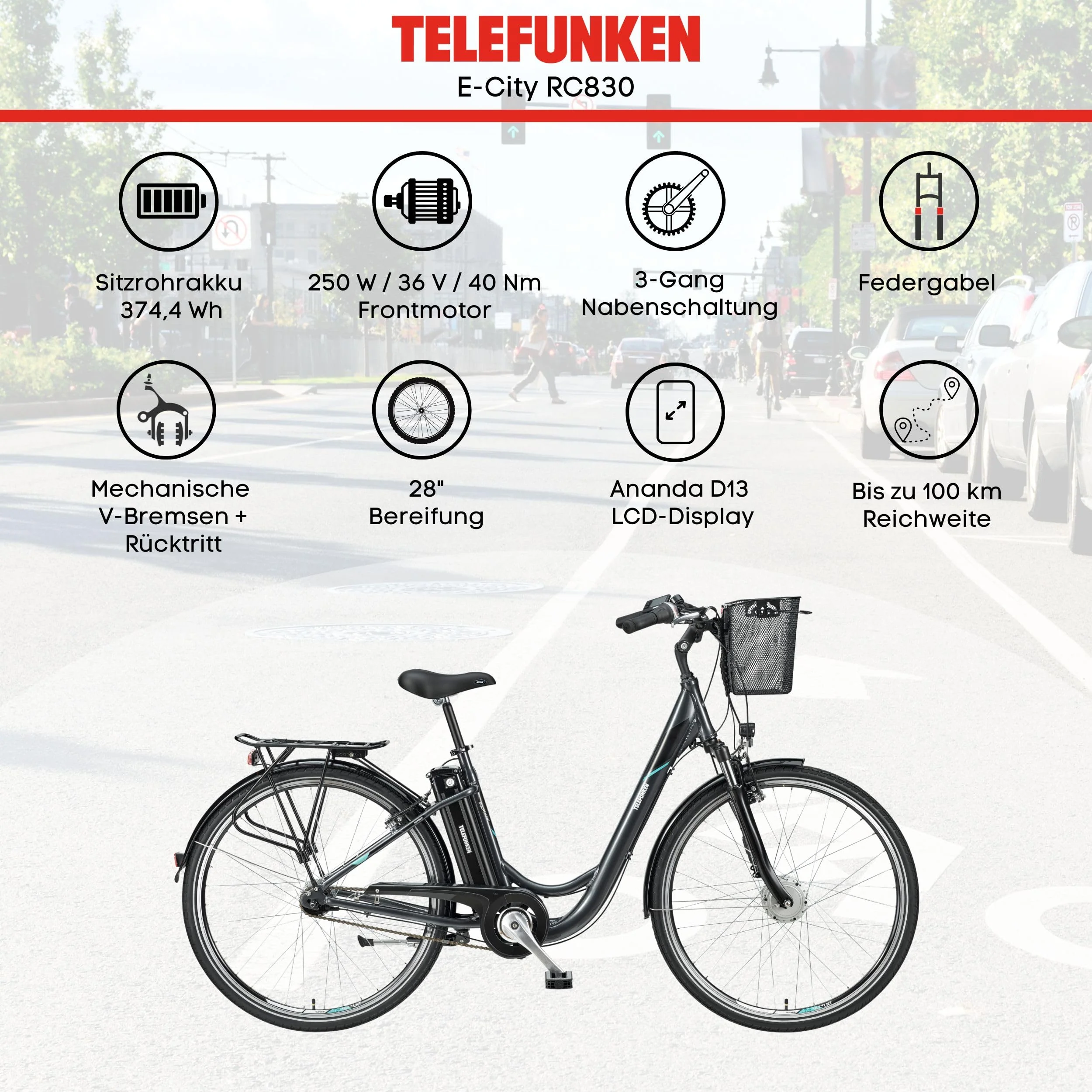 TELEFUNKEN E-Bike Damen 28 Zoll Elektrofahrrad - 3-Gang Nabenschaltung mit Rücktritt, Pedelec Citybike Alu mit Fahrradkorb, Frontmotor 250W /10,4Ah / 36V Sitzrohrakku, RC830 Multitalent - Image 6