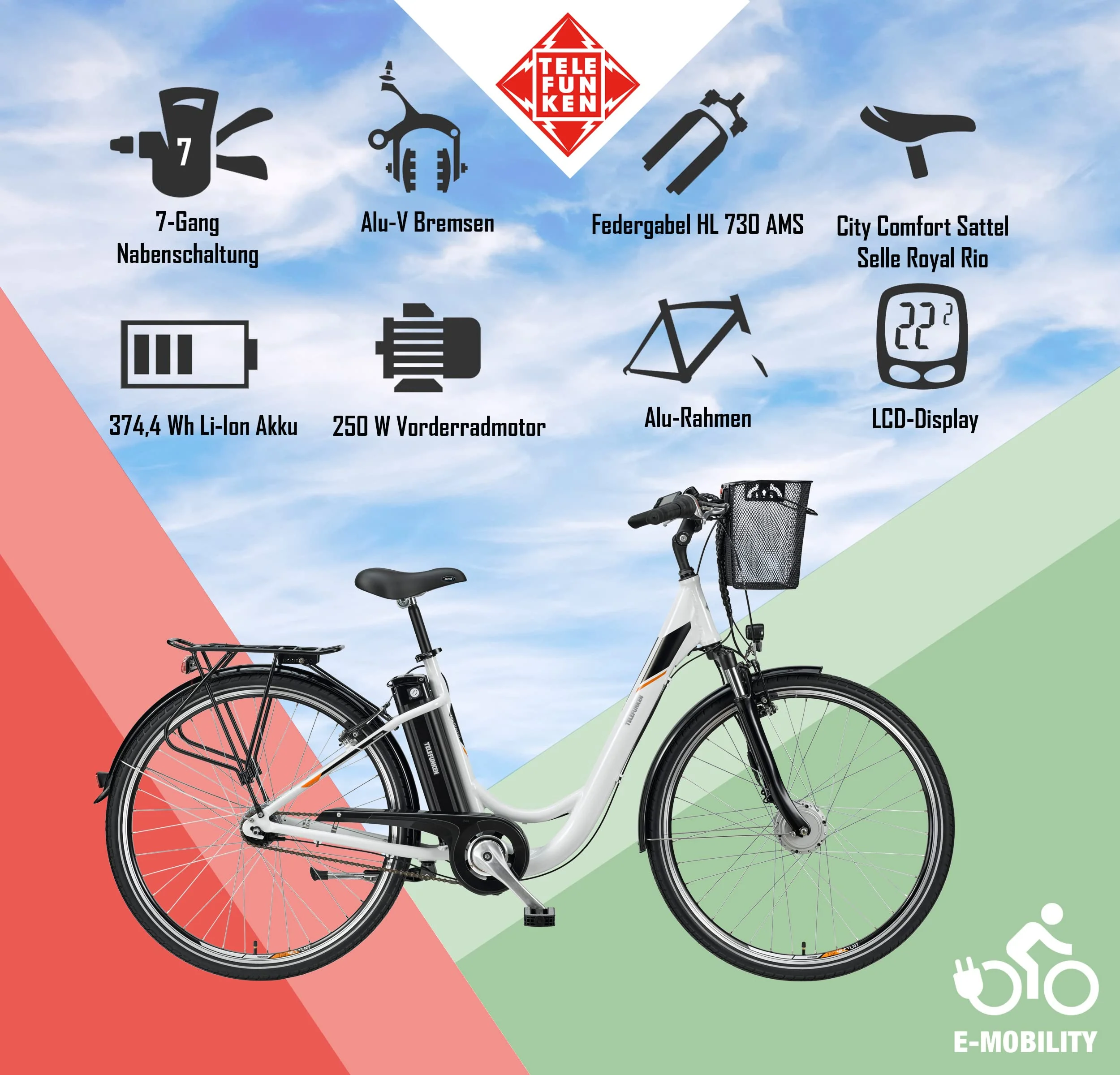 TELEFUNKEN E-Bike Damen 28 Zoll Elektrofahrrad - 7-Gang Shimano Nabenschaltung mit Rücktritt, Pedelec Citybike Alu mit Fahrradkorb, Frontmotor 250W /10,4Ah / 36V Sitzrohrakku, RC840 Multitalent - Image 8