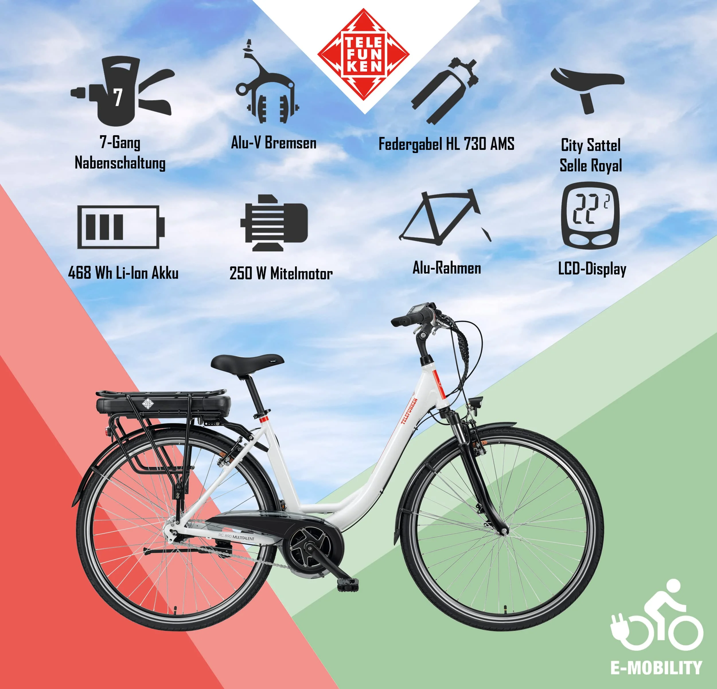 TELEFUNKEN E-Bike Damen 28 Zoll, Elektrofahrrad Alu mit 7-Gang Nabenschaltung - Pedelec Citybike mit Fahrradschloss, Mittelmotor 250W & 13Ah / 36V Lithium-Ionen-Akku, RC890 Multitalent - Image 5