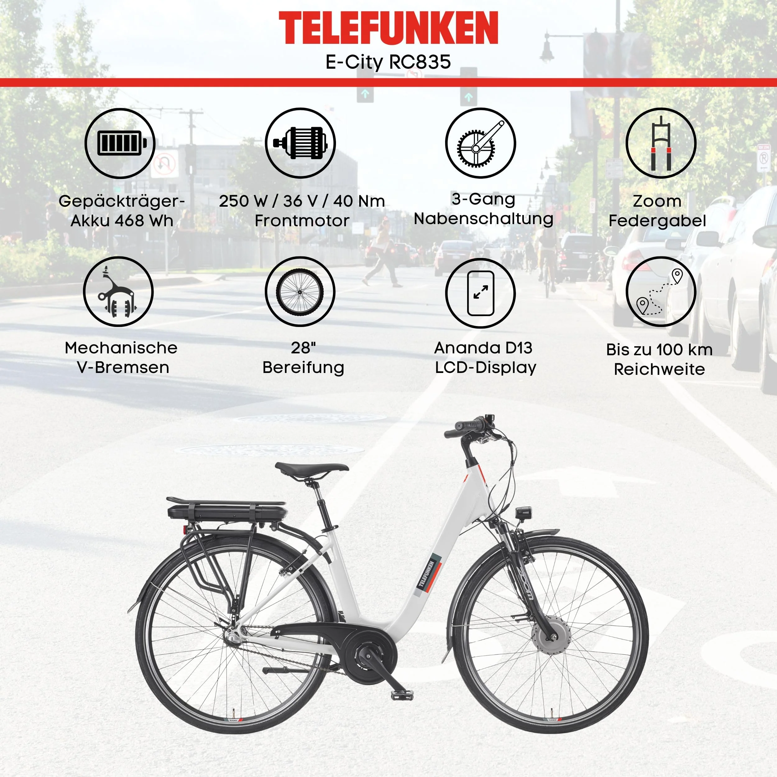 TELEFUNKEN E-Bike Damen 28 Zoll, Elektrofahrrad Frontmotor, 3-Gang Nabenschaltung, V-Bremsen - Pedelec Citybike - Image 6