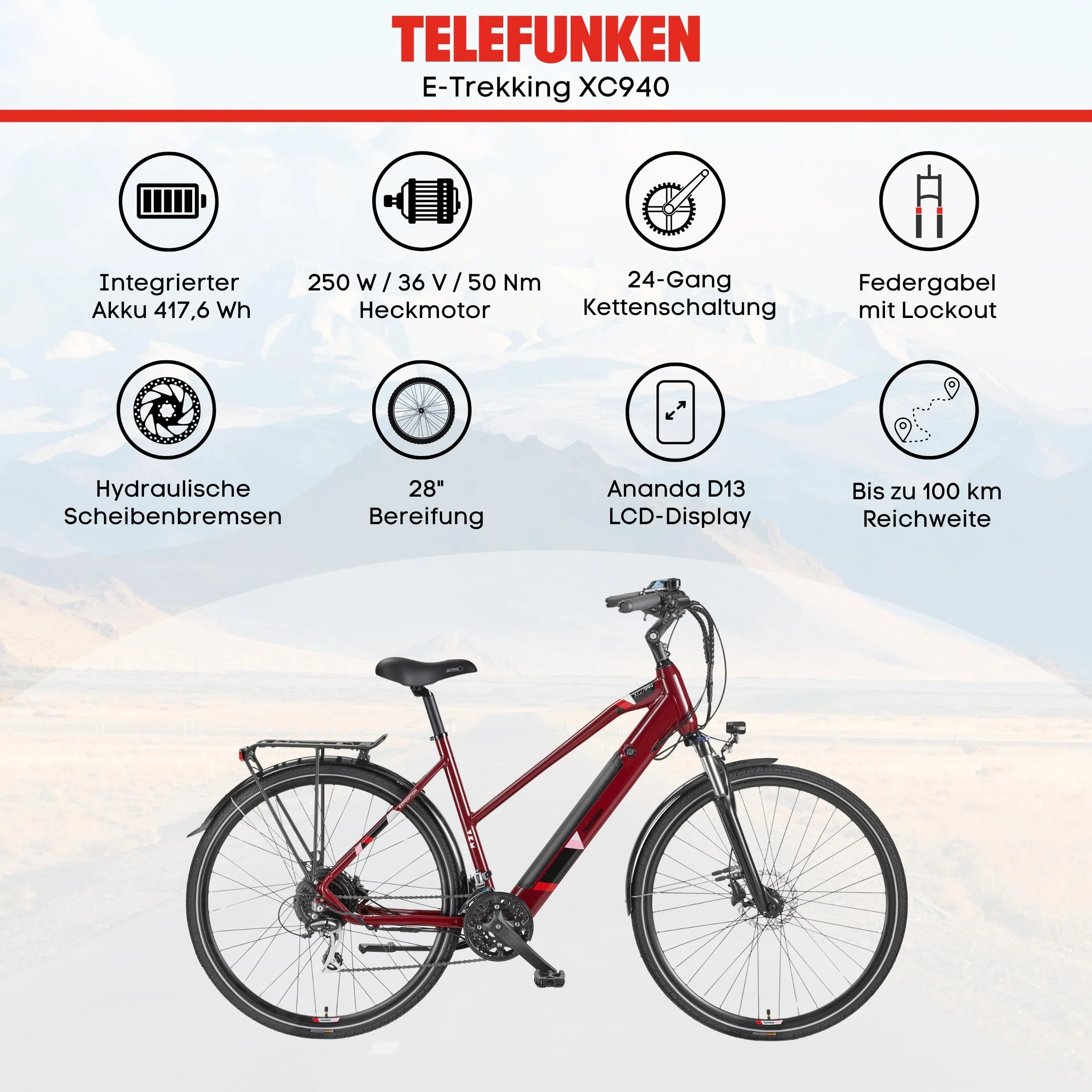 TELEFUNKEN E-Bike Damen Elektrofahrrad Alu 28 Zoll mit 24-Gang Shimano Acera Kettenschaltung, Pedelec Trekkingrad mit Hinterrad-Motor 250W 11,6 Ah, 36V Akku, XC940 Expedition - Image 6