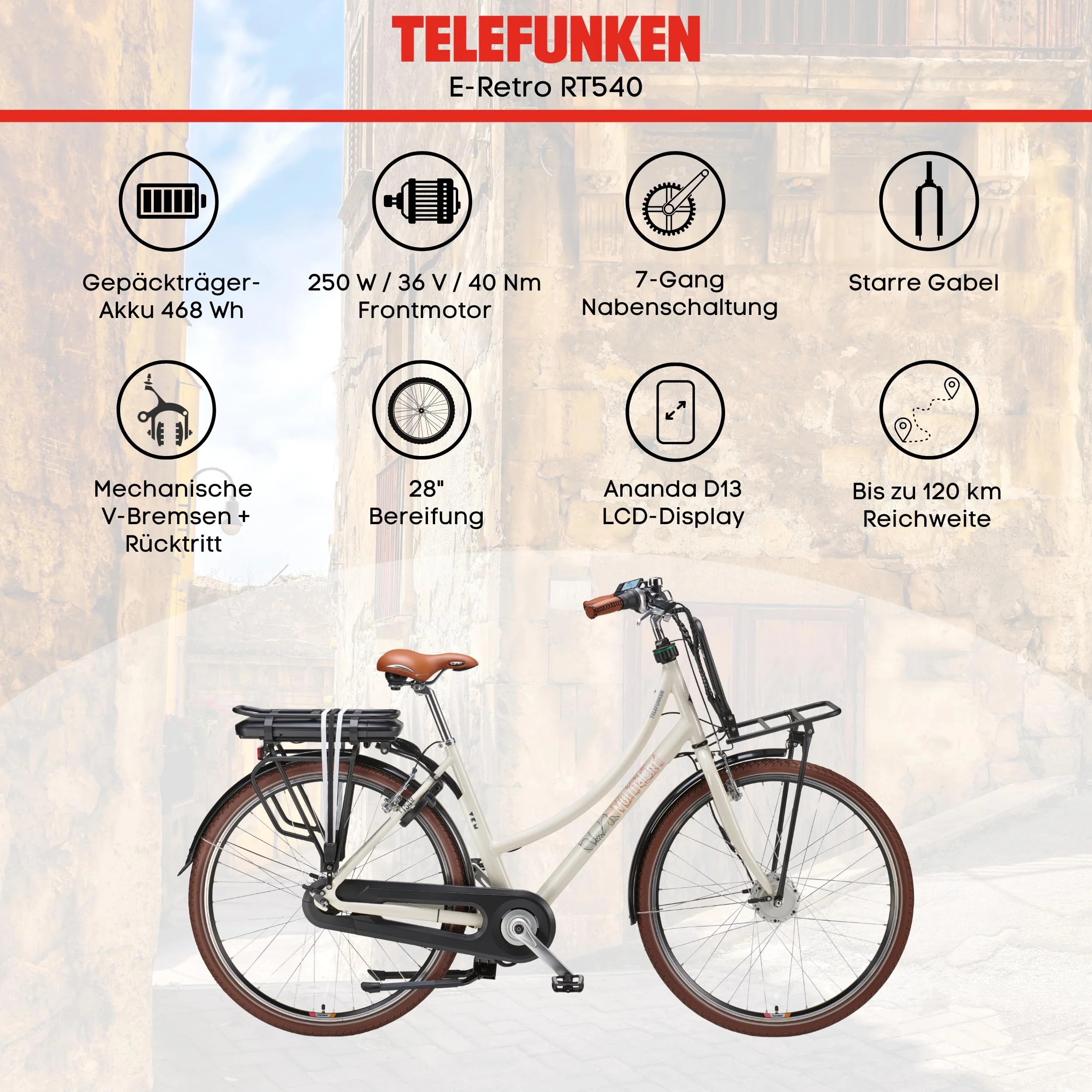 TELEFUNKEN E-Bike Elektrofahrrad 28 Zoll mit 7-Gang Nabenschaltung, Retro Pedelec Citybike mit Gepäckträger und Fahrradschloss, Frontmotor 250 W und 13 Ah, 36V Li-Ion Akku, RT540 Multitalent - Image 7