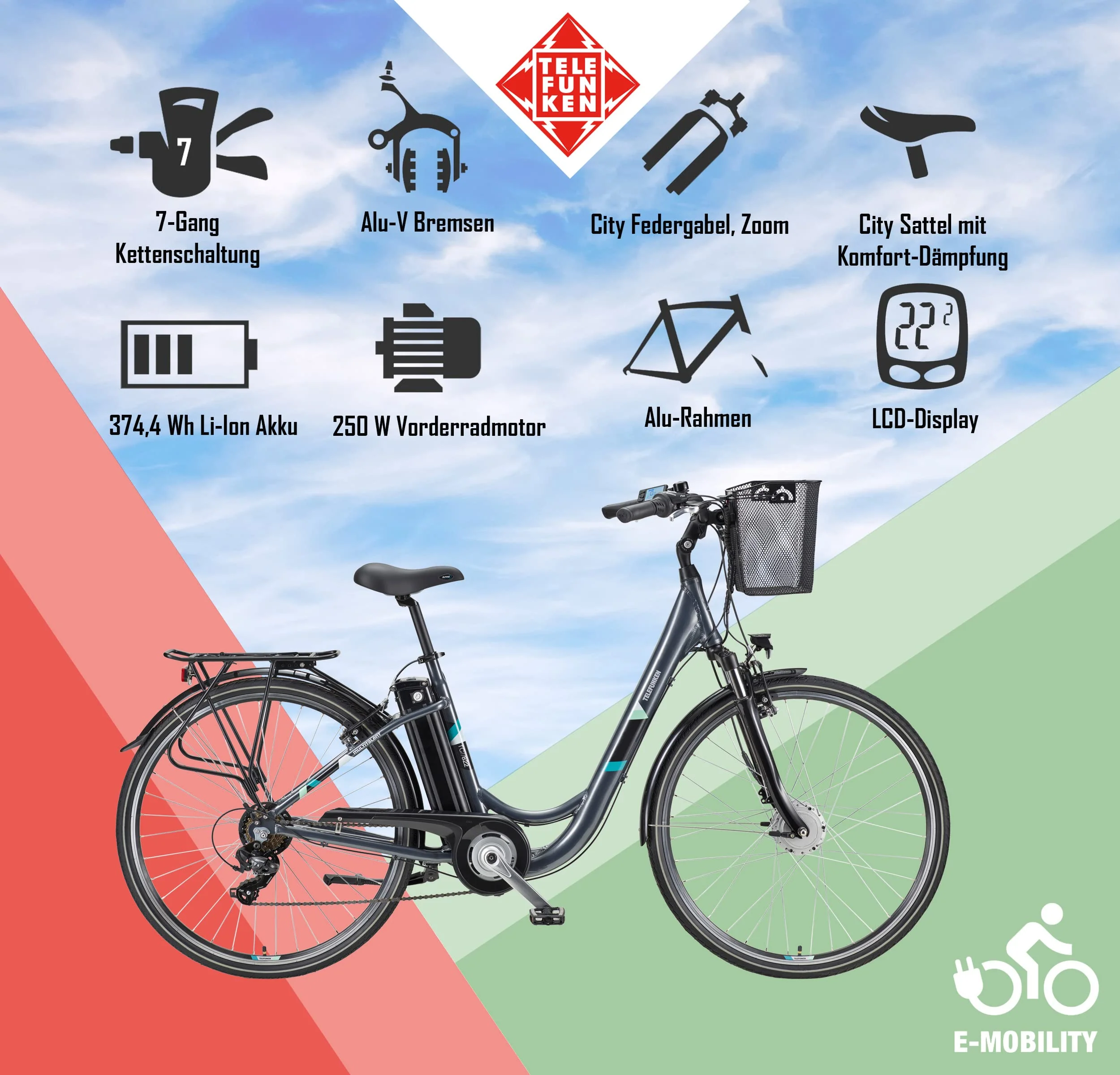 TELEFUNKEN E-Bike Elektrofahrrad Alu 28 Zoll mit 7-Gang Kettenschaltung, Pedelec Citybike leicht mit Fahrradkorb und Fahrradschloss, 250W und 10,4Ah, 36V Sitzrohrakku - Image 5