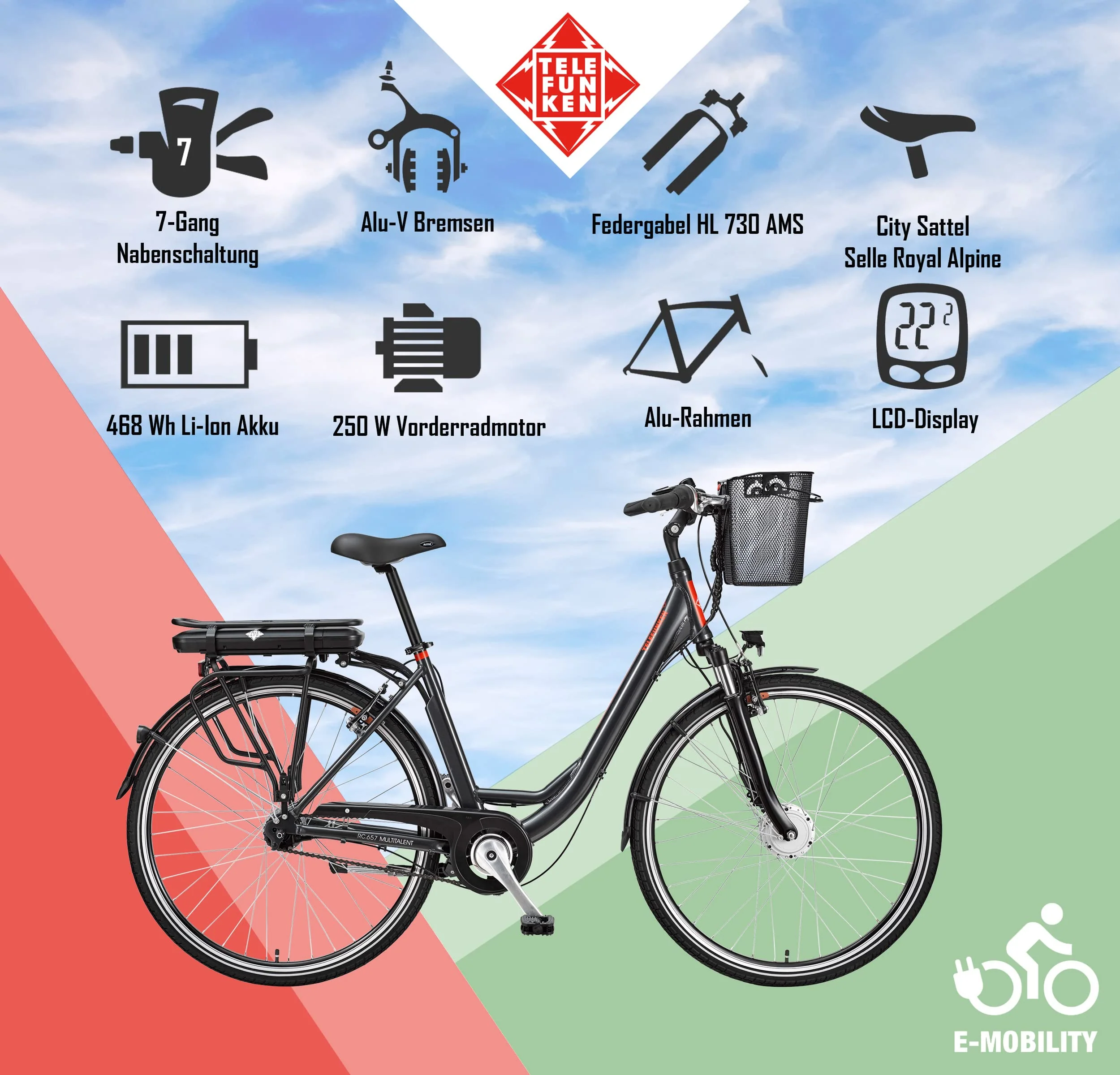 TELEFUNKEN E-Bike Elektrofahrrad Alu, mit 7-Gang Shimano Nabenschaltung, Pedelec Citybike leicht mit Fahrradkorb, 250W und 13Ah, 36V Lithium-Ionen-Akku, 28 Zoll, RC657 Multitalent anthrazit - Image 5
