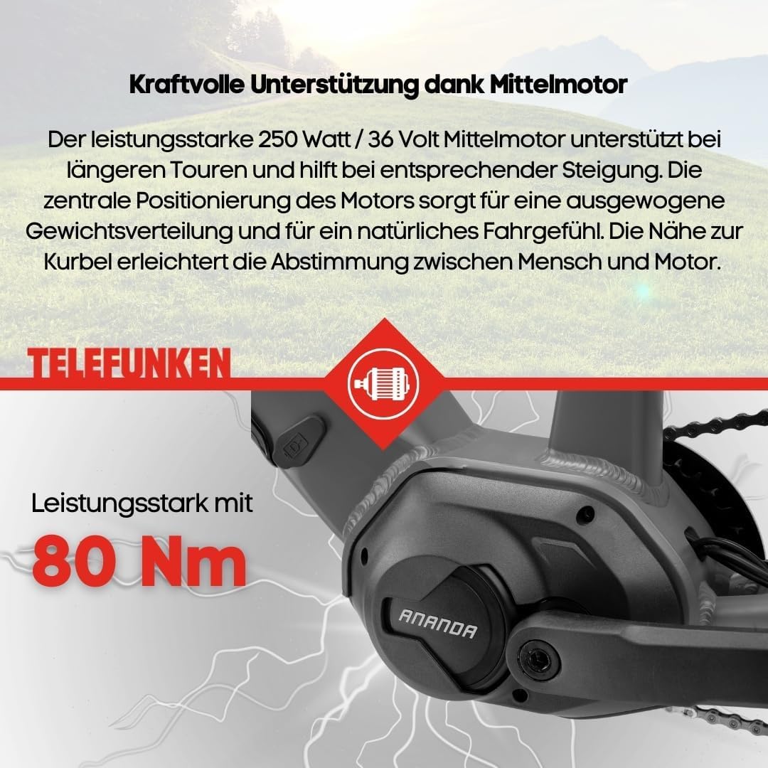TELEFUNKEN E-Bike Herren 27,5 Zoll, Elektrofahrrad Mittelmotor, 9-Gang Kettenschaltung, Hydr. Scheibenbremsen, Pedelec SUV-Bike inkl. Fahrradschloss - Image 5