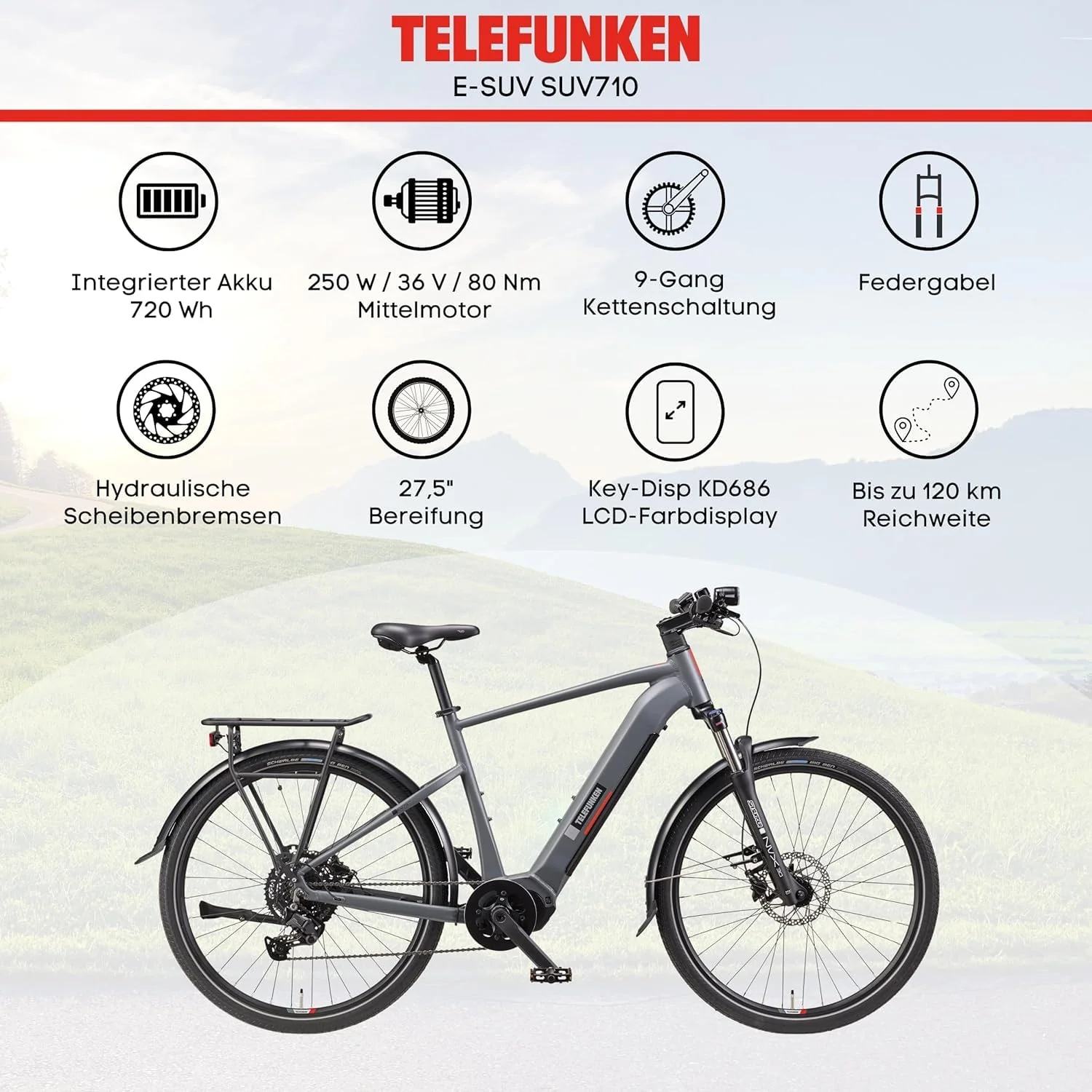TELEFUNKEN E-Bike Herren 27,5 Zoll, Elektrofahrrad Mittelmotor, 9-Gang Kettenschaltung, Hydr. Scheibenbremsen, Pedelec SUV-Bike inkl. Fahrradschloss - Image 7
