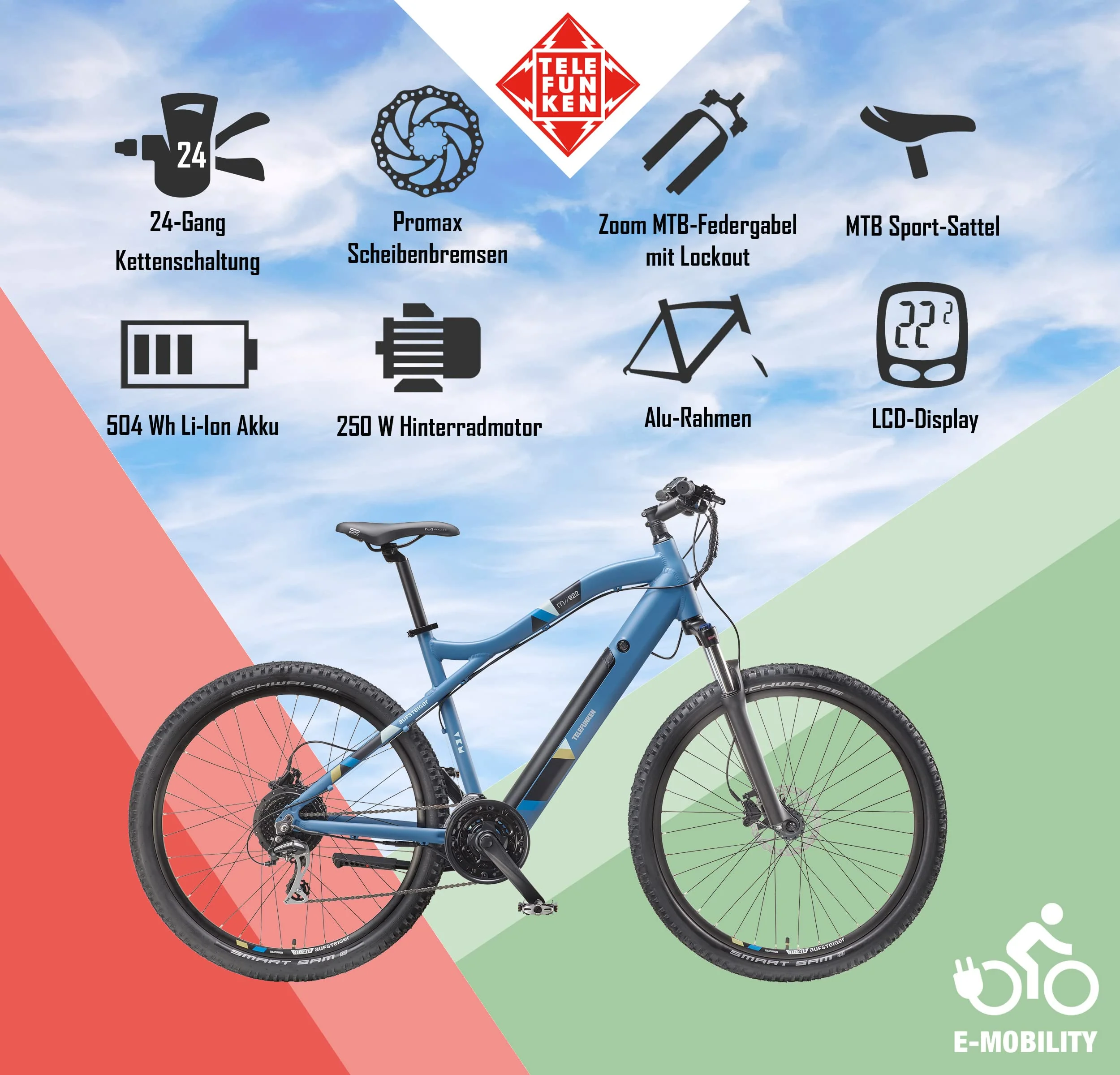 TELEFUNKEN E-Bike Mountainbike Elektrofahrrad Alu, 24 Gang Kettenschaltung - Pedelec MTB 27,5 Zoll, Hinterradmotor 250W, Scheibenbremsen, Fahrradschloss, Aufsteiger M922 - Image 5