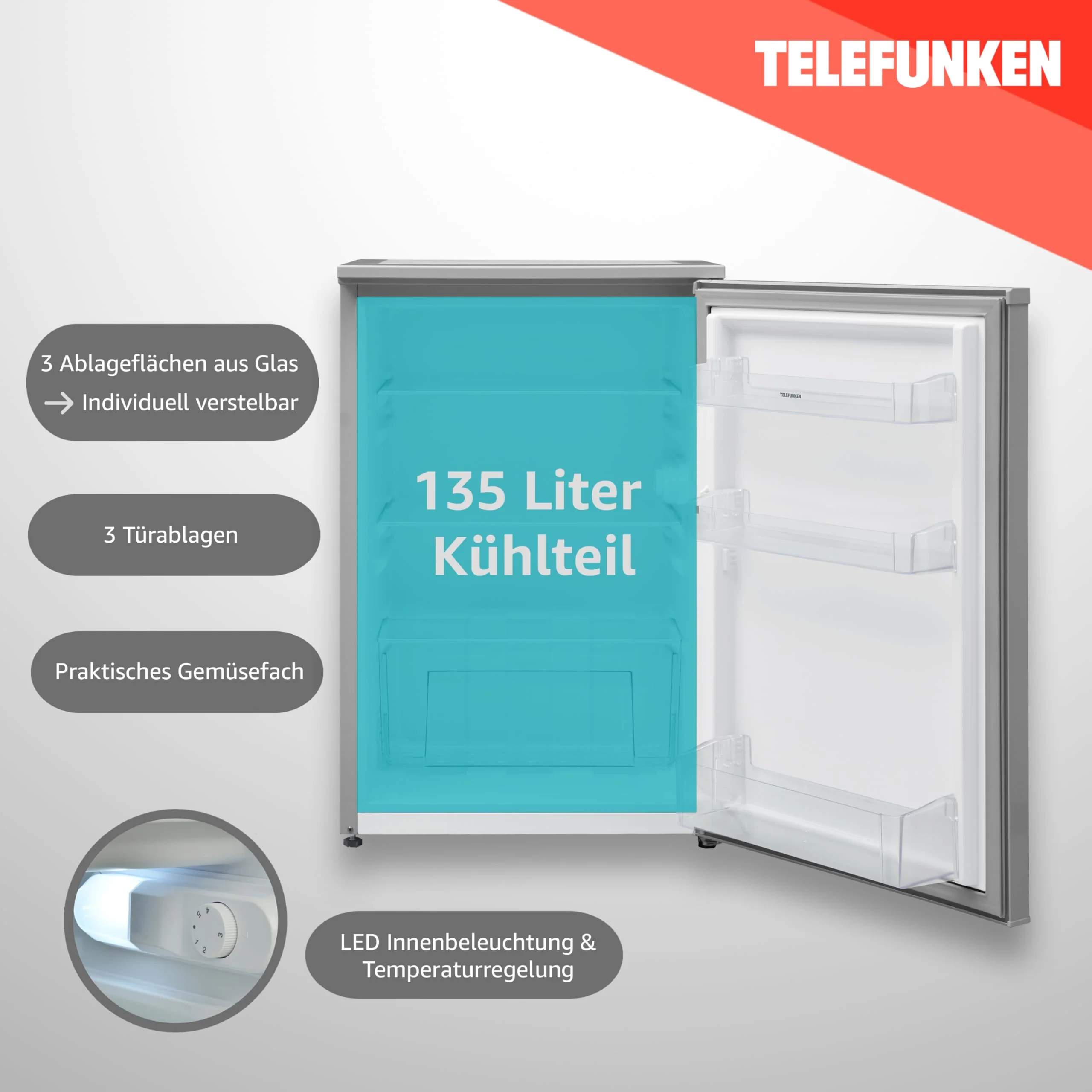TELEFUNKEN Kühlschrank ohne Gefrierfach freistehend | Standkühlschrank mit 135 Liter Nutzinhalt | Kühlschrank klein mit Gemüsefach | Vollraumkühlschrank | Türanschlag wechselbar | C-135-100-S silber - Image 9