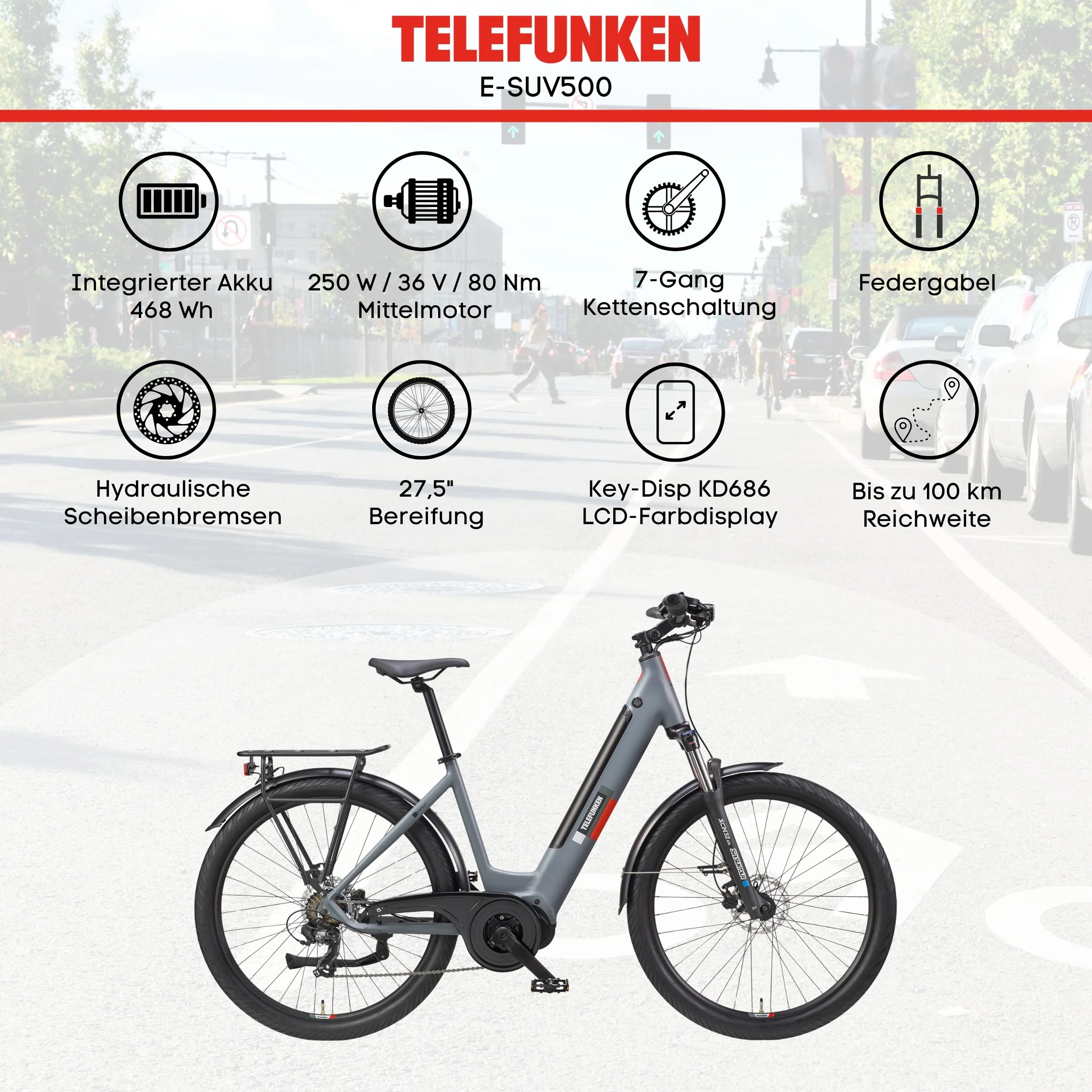 TELEFUNKEN SUV E-Bike 27,5 Zoll für Damen & Herren | Pedelec mit Mittelmotor & 468Wh Akku | Elektrofahrrad mit 7-Gang Kettenschaltung & Hydr. Scheibenbremsen, StVZO-konform | SUV500 - Image 7