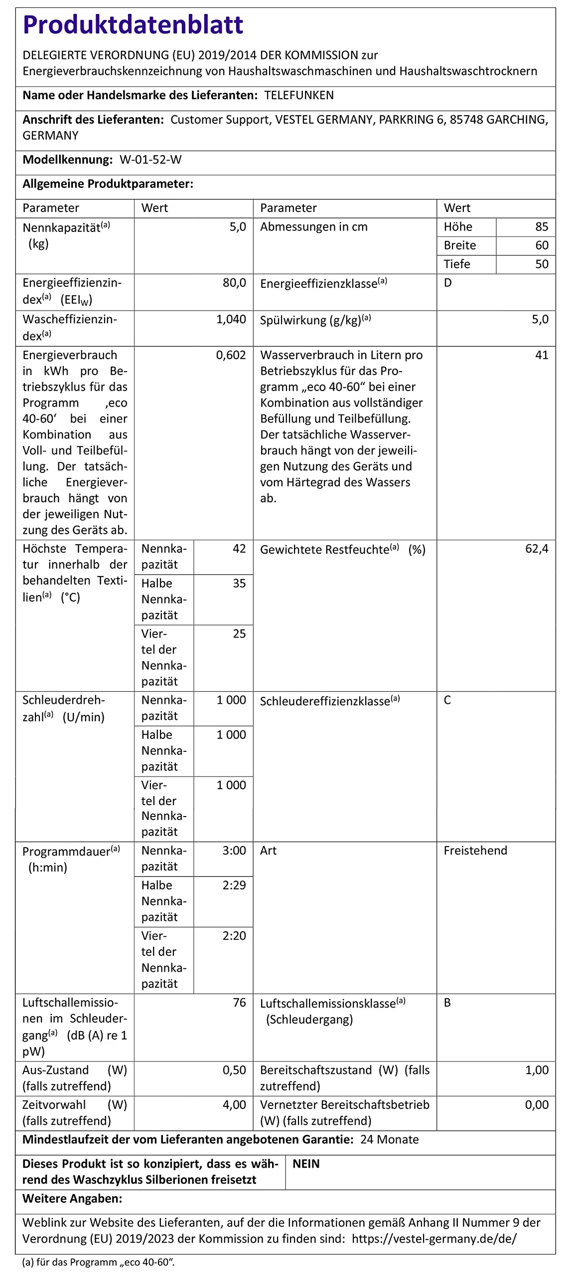 Telefunken W-01-52-W Waschmaschine (5 kg / 1000 U/Min) mit Mengenautomatik und Überlaufschutz / 15 Programme/Startzeitvorwahl/weiß - Image 2