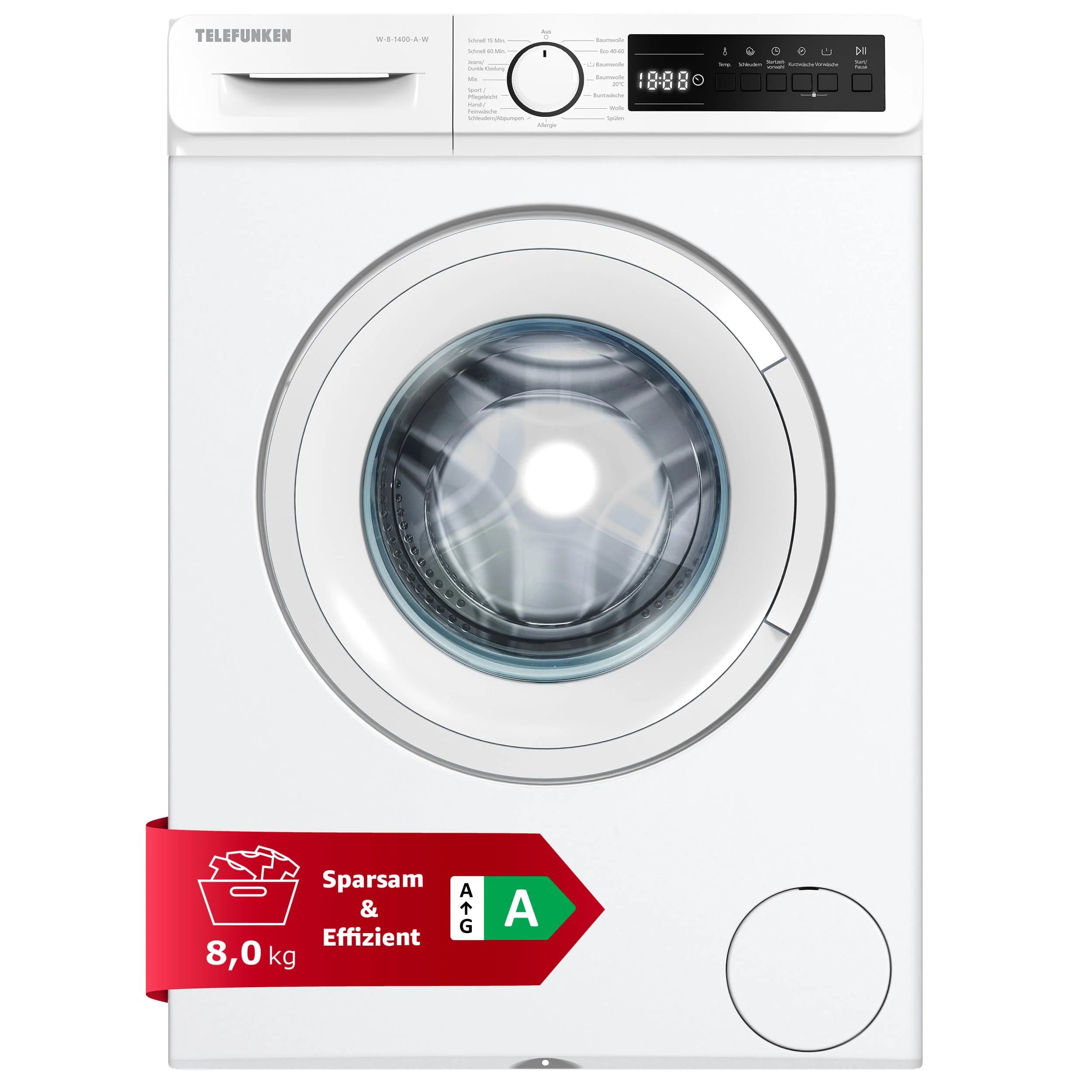 Telefunken Waschmaschine 8kg | 1400 U/Min. | Inverter Motor - Leise & Effizient | AquaStop - Schutz vor Wasserschäden | Schontrommel | Washing Machine mit 15 Programmen | EEK A | W-8-1400-A-W weiß - Image 2