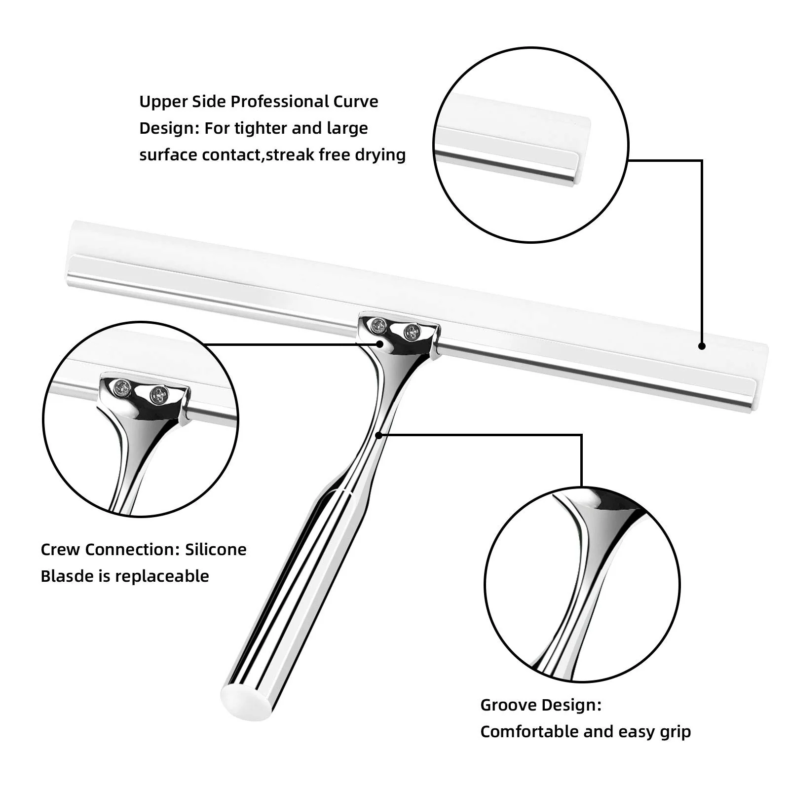 Telgoner Duschabzieher, Abzieher Dusche Edelstahl, Fensterabzieher mit 2 Silikon Wischlippe, 25cm Duschwischer mit Wandaufhänger Ohne Bohren für Badezimmer, Küche, Fenster und Auto Glas Reinigung - Image 4