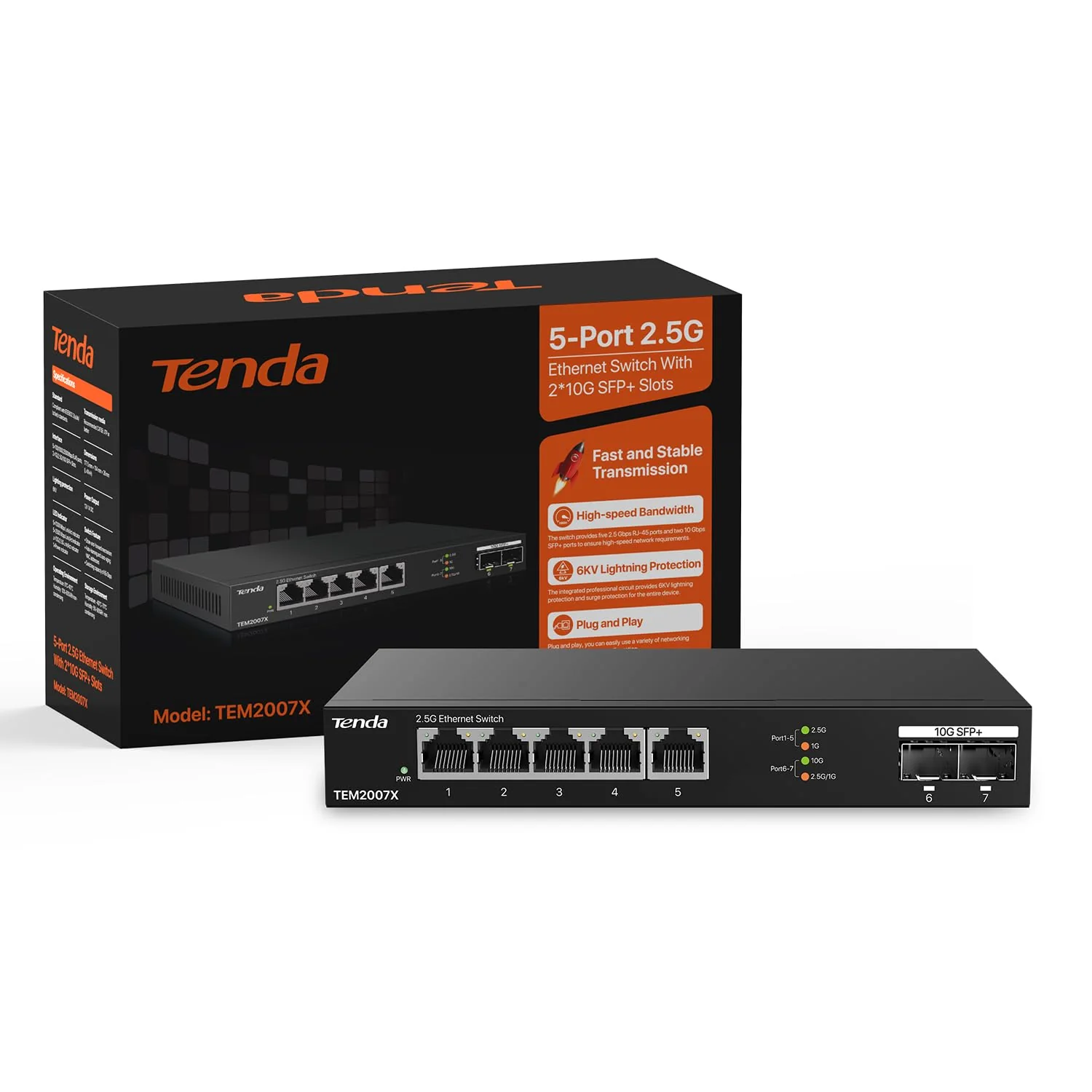 Tenda 2.5Gbit Switch mit 5X 2,5G Ports & 2X 10G SFP+ Ports, Unmanaged 2.5 Gigabit Ethernet LAN Switch (Plug-and-Play, Lüfterlos, Desktop-/Wandmontage, Metallgehäuse, Schwarz)(TEM2007X) - Image 5