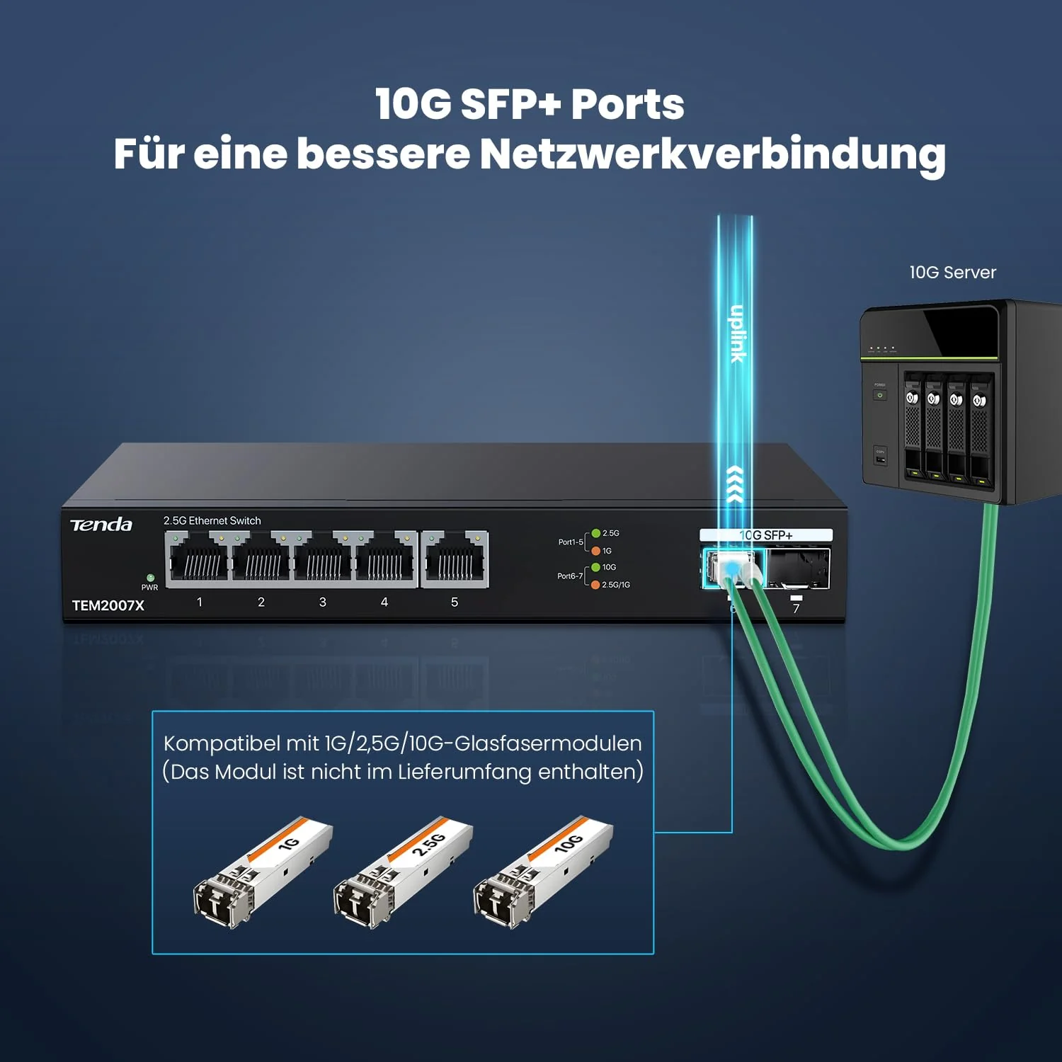 Tenda 2.5Gbit Switch mit 5X 2,5G Ports & 2X 10G SFP+ Ports, Unmanaged 2.5 Gigabit Ethernet LAN Switch (Plug-and-Play, Lüfterlos, Desktop-/Wandmontage, Metallgehäuse, Schwarz)(TEM2007X) - Image 7