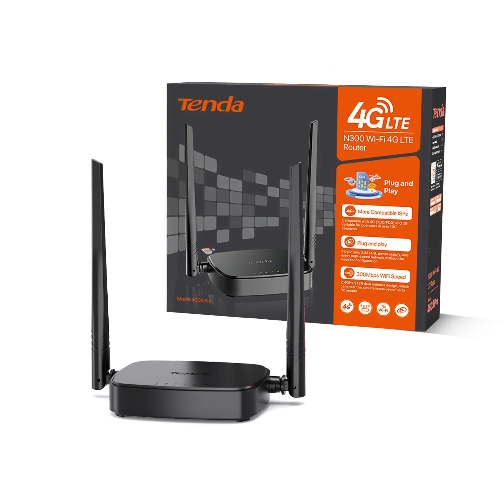 Tenda 4G03 Pro 4G LTE Router, WLAN Router für Nano-SIM-Karten (N300 CAT4, 150 Mbit/s im Download, 300 Mbit/s 2,4GHz) 2*4dBi Antennen, Plug & Play, Fast-Ethernet-Port, App, Router Modus, LED, Schwarz - Image 6