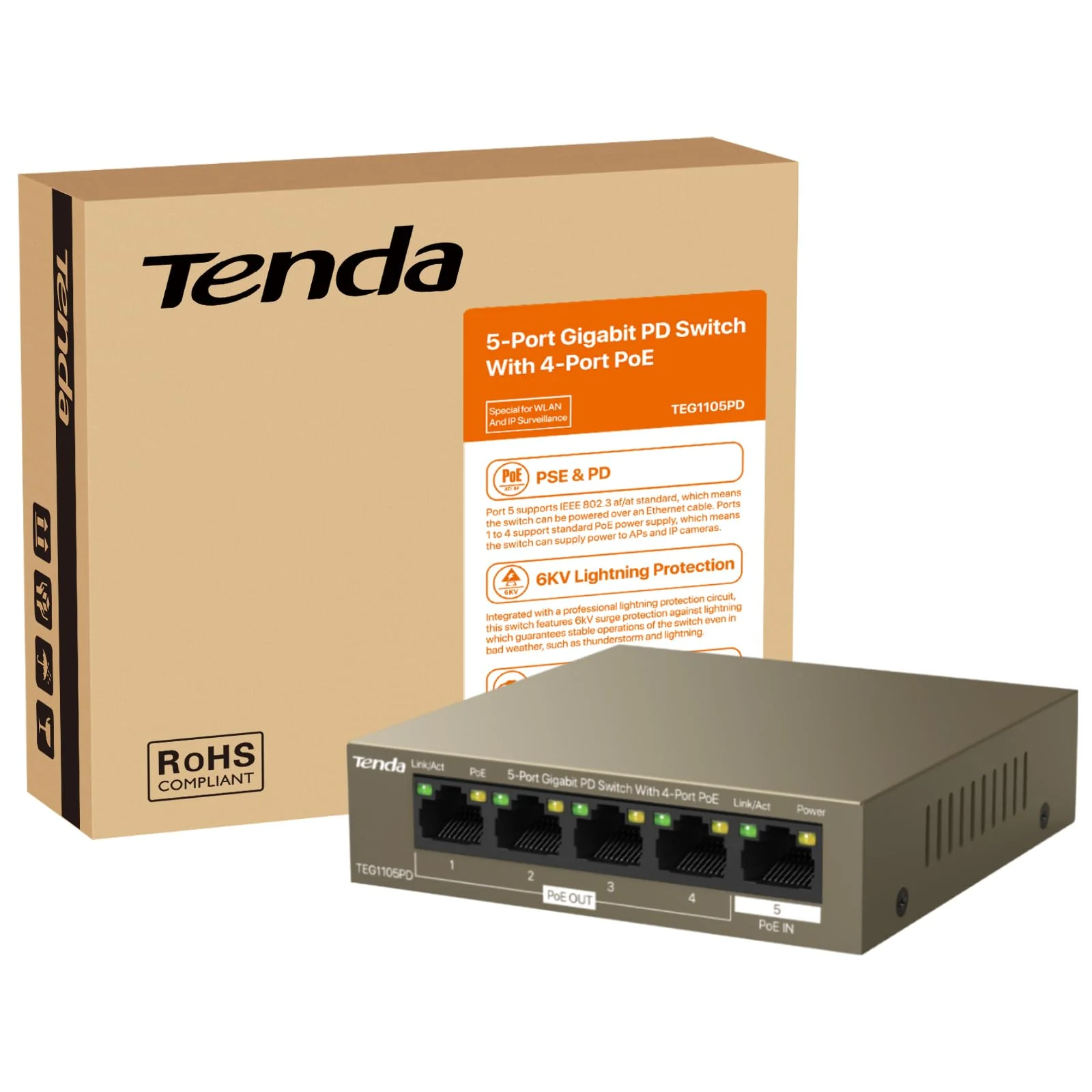 Tenda 5 Port PoE Switch ohne Netzteil, Gigabit PoE Powered Switch (1 PoE In & 4 PoE Out, Plug-and-Play PoE PD Switch, Lüfterlos, Metallgehäuse)(TEG1105PD) - Image 7