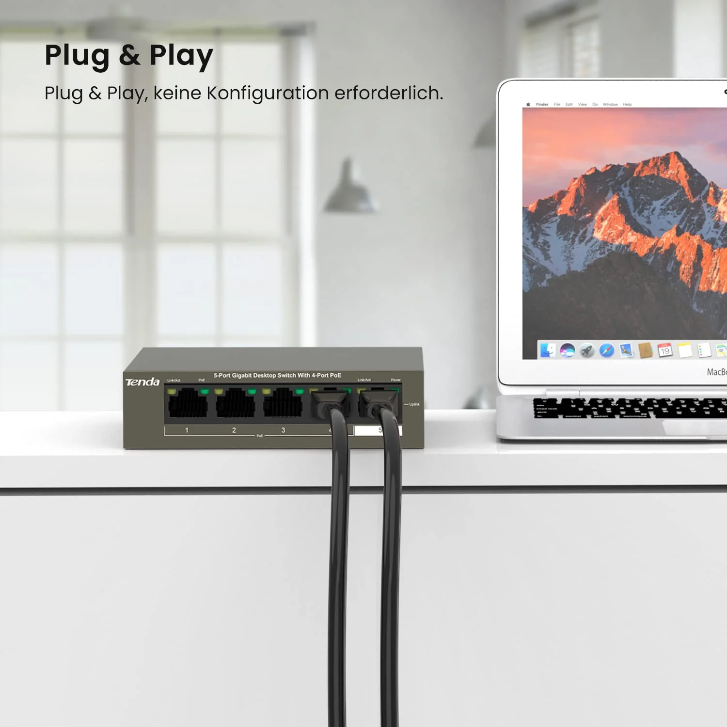 Tenda Gigabit PoE Switch 5 Ports mit 4 PoE+ Ports & 1 Uplink-Port (58W, VLAN, IEEE-802.3af/at PoE, lüfterlos, Plug-and-Play, Metallgehäuse) (TEG1105P-4-63W) - Image 4