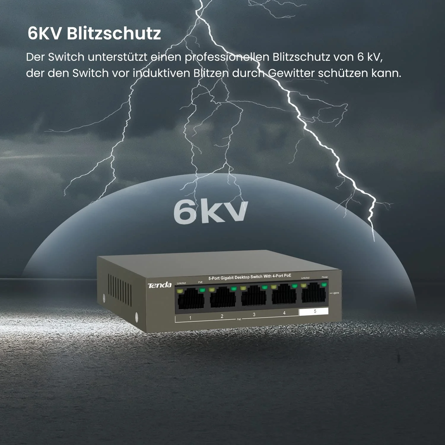 Tenda Gigabit PoE Switch 5 Ports mit 4 PoE+ Ports & 1 Uplink-Port (58W, VLAN, IEEE-802.3af/at PoE, lüfterlos, Plug-and-Play, Metallgehäuse) (TEG1105P-4-63W) - Image 5