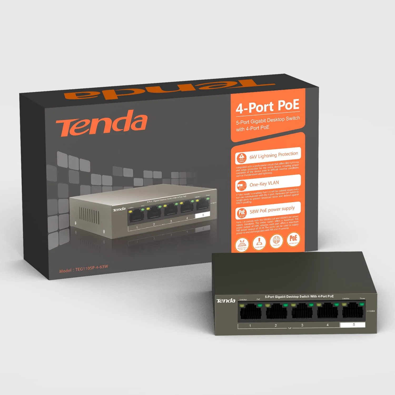 Tenda Gigabit PoE Switch 5 Ports mit 4 PoE+ Ports & 1 Uplink-Port (58W, VLAN, IEEE-802.3af/at PoE, lüfterlos, Plug-and-Play, Metallgehäuse) (TEG1105P-4-63W) - Image 8