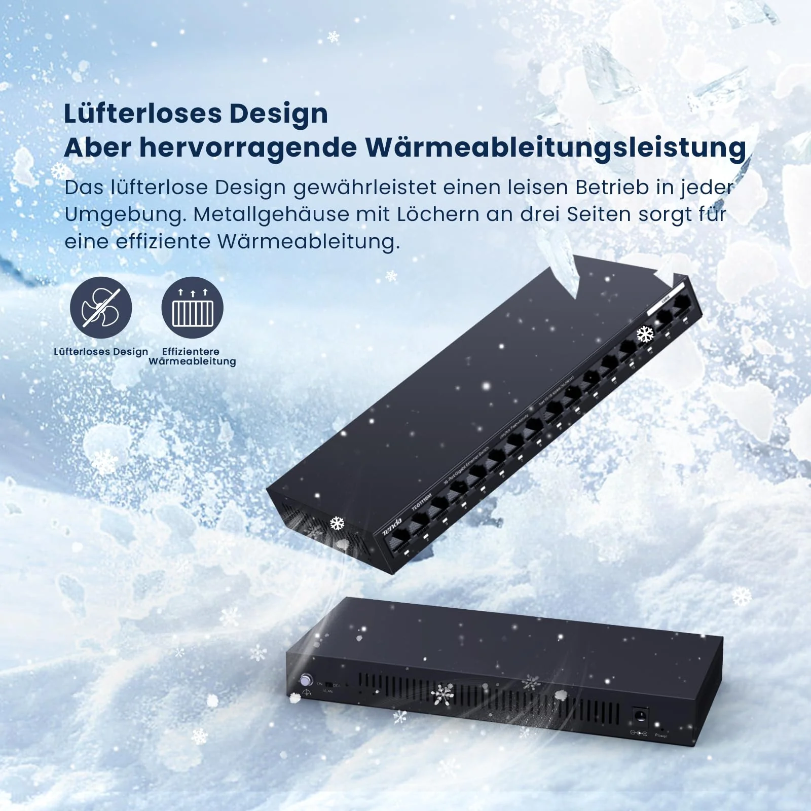 Tenda TEG1116M 16 Ports Gigabit Switch Unmanaged LAN Switch Netzwerk Switch (VLAN, Desktop-/Wandmontage, Lüfterlos, Plug and Play, Metallgehäuse, Schwarz)