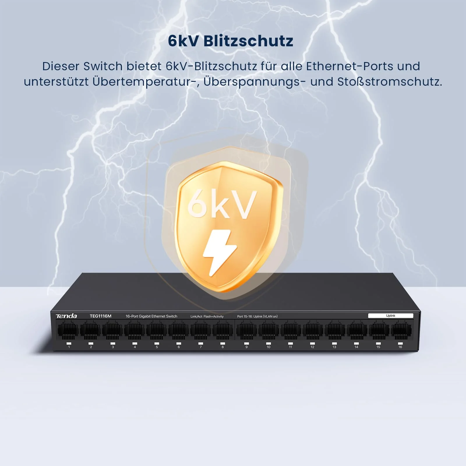 Tenda TEG1116M 16 Ports Gigabit Switch Unmanaged LAN Switch Netzwerk Switch (VLAN, Desktop-/Wandmontage, Lüfterlos, Plug and Play, Metallgehäuse, Schwarz) - Image 4