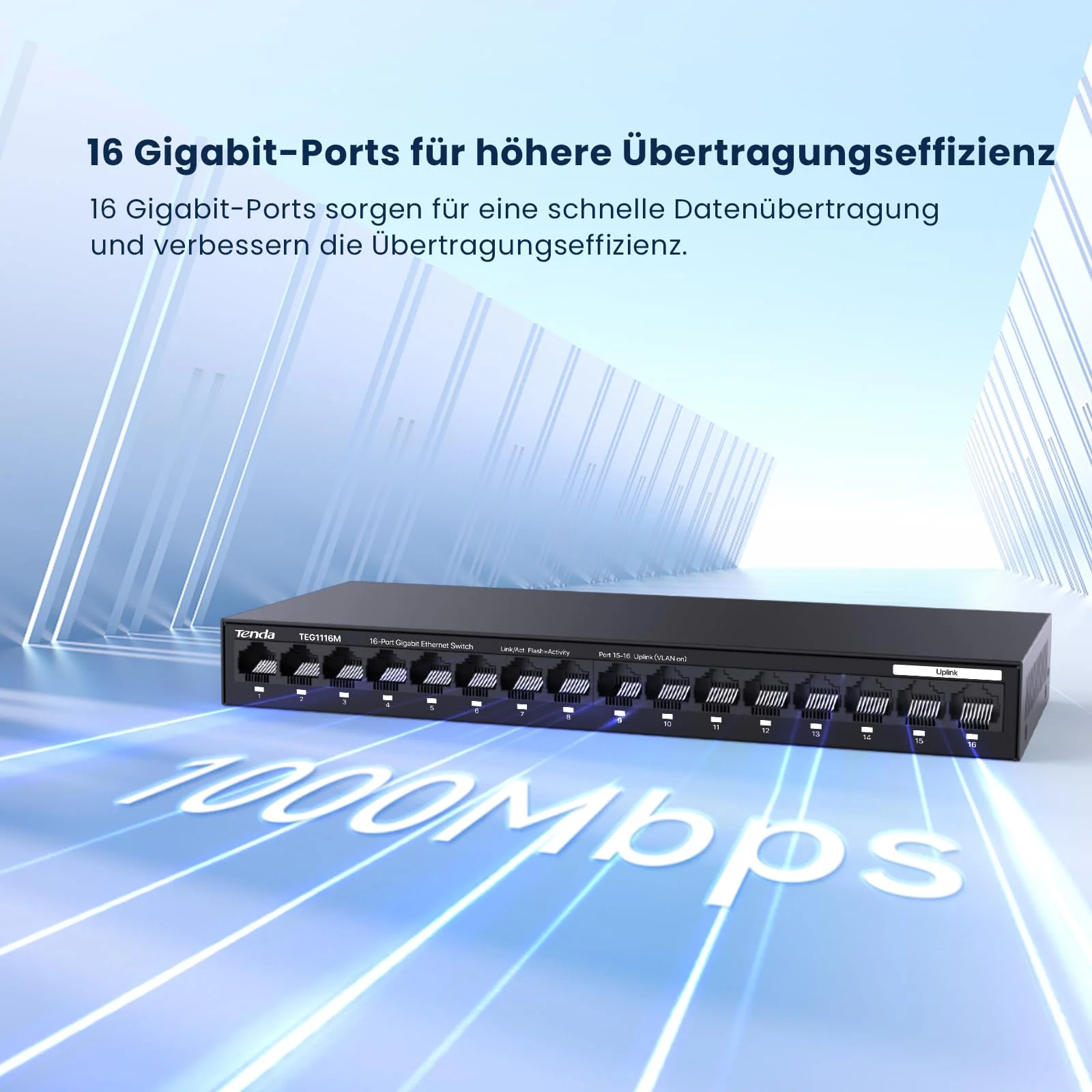 Tenda TEG1116M 16 Ports Gigabit Switch Unmanaged LAN Switch Netzwerk Switch (VLAN, Desktop-/Wandmontage, Lüfterlos, Plug and Play, Metallgehäuse, Schwarz) - Image 5