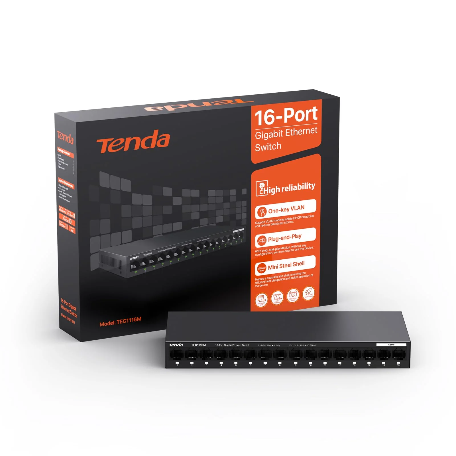 Tenda TEG1116M 16 Ports Gigabit Switch Unmanaged LAN Switch Netzwerk Switch (VLAN, Desktop-/Wandmontage, Lüfterlos, Plug and Play, Metallgehäuse, Schwarz) - Image 7