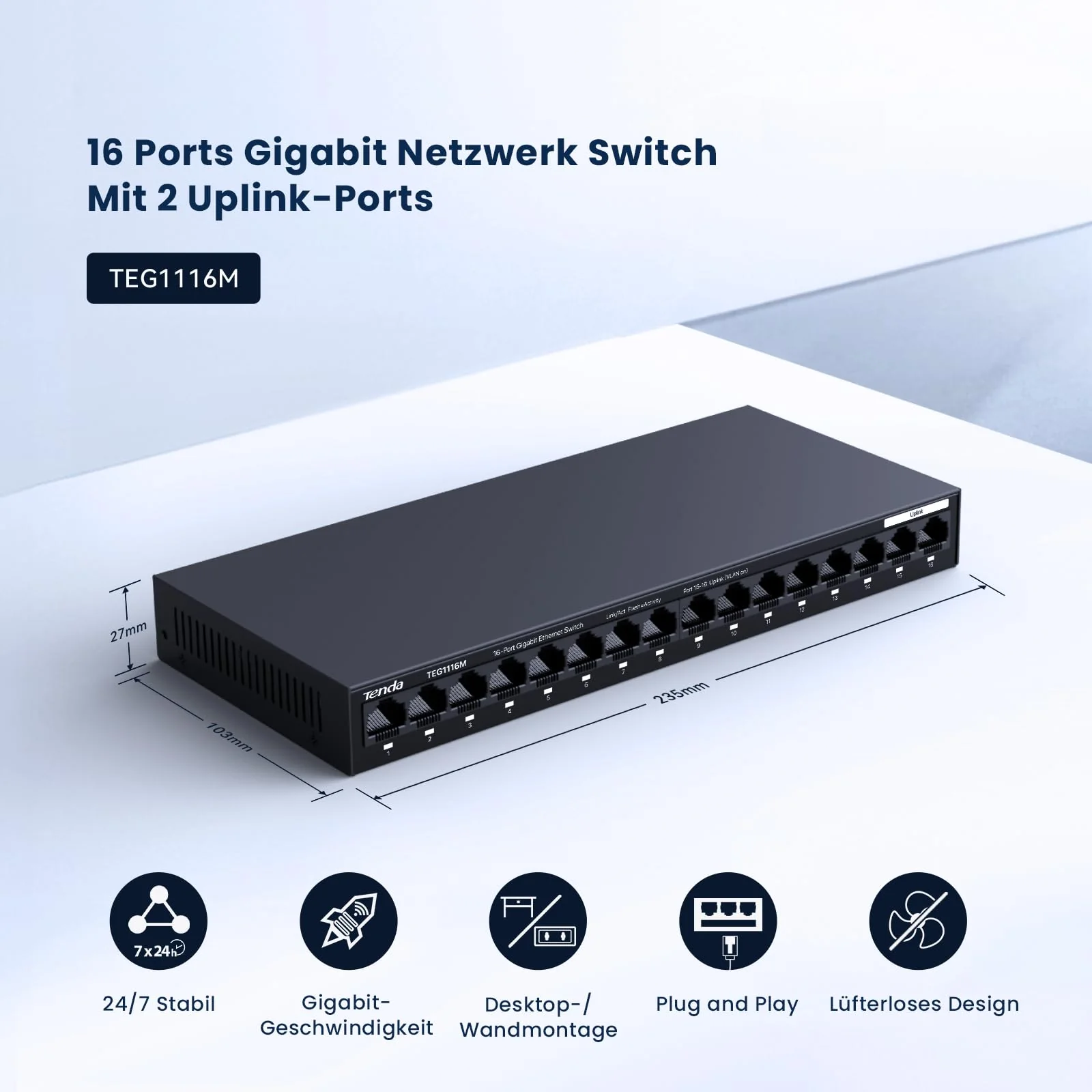Tenda TEG1116M 16 Ports Gigabit Switch Unmanaged LAN Switch Netzwerk Switch (VLAN, Desktop-/Wandmontage, Lüfterlos, Plug and Play, Metallgehäuse, Schwarz) - Image 8