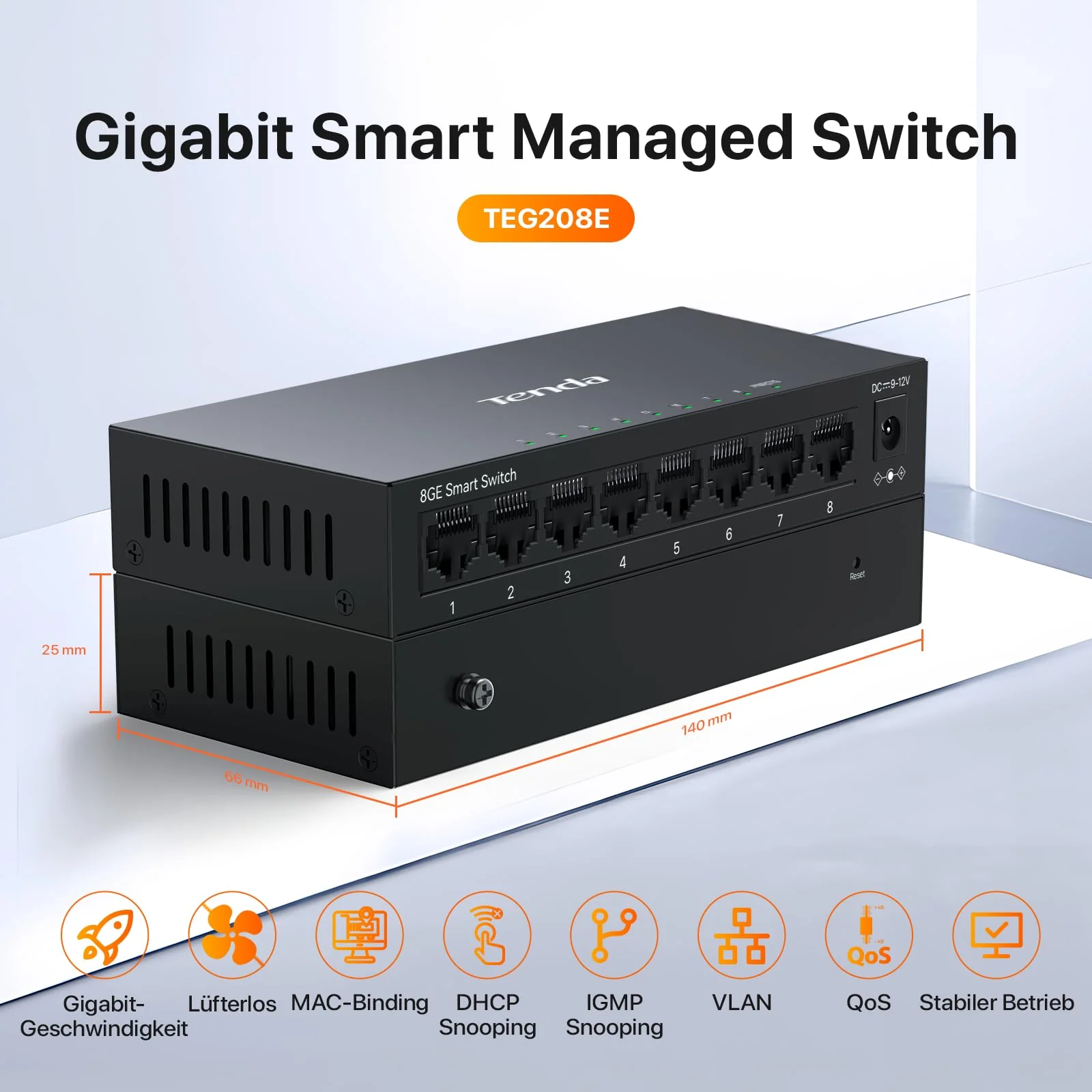 Tenda TEG208E Managed Switch 8 Port Gigabit Netzwerk Switch (IGMP-Snooping, QoS, VLAN, DHCP- Snooping, LAG, MAC Address Binding, Lüfterlos, Energieeffizient, Metall) LAN Verteiler LAN Splitter - Image 6