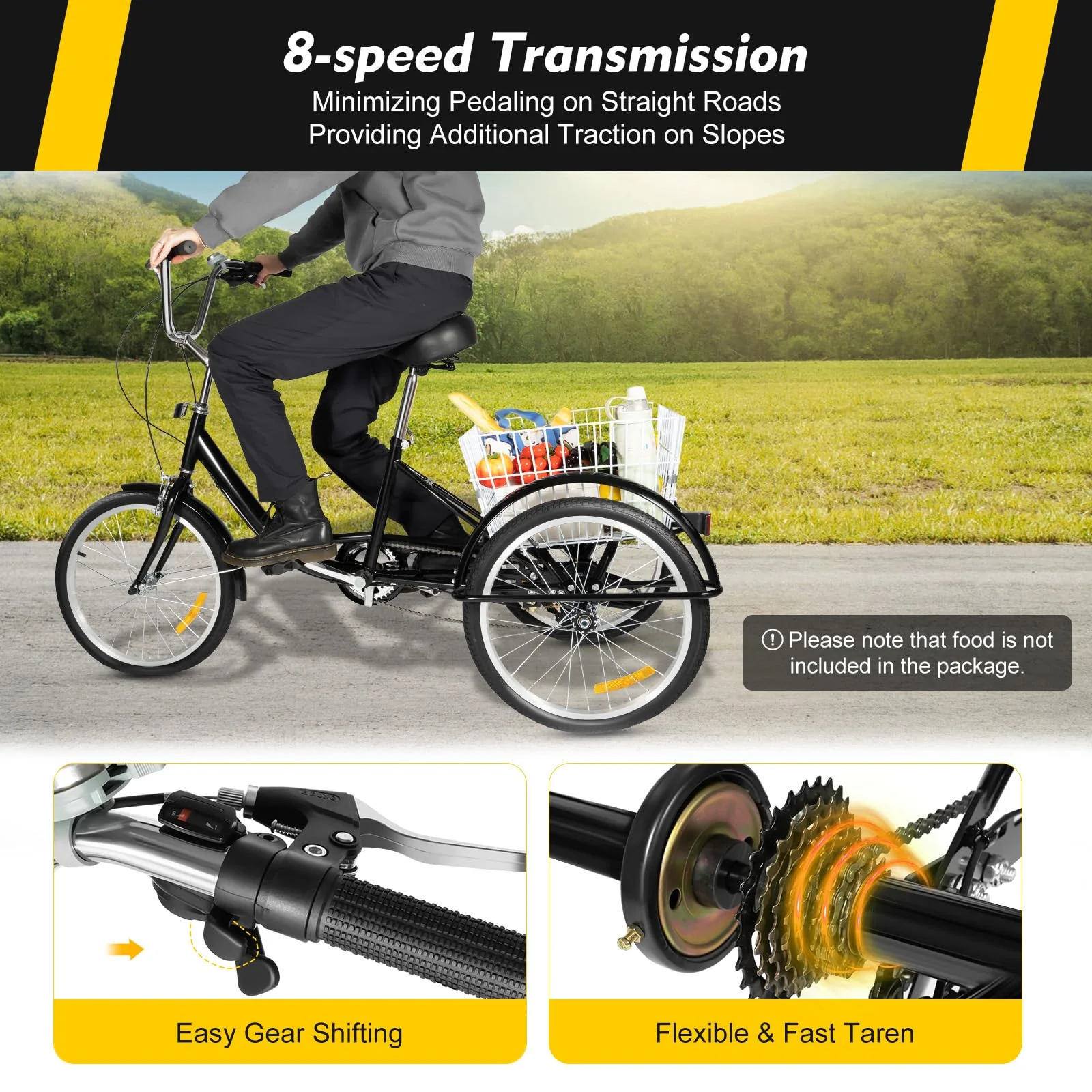 Tenddya Dreirad für Erwachsene, 20 Zoll Erwachsene Dreirad 8 Gang Dreirädriges Cruiser-Fahrrad m/Einkaufskorb, Senioren Dreirad für Erholung, Einkaufen, Picknicks Schwarz - Image 7