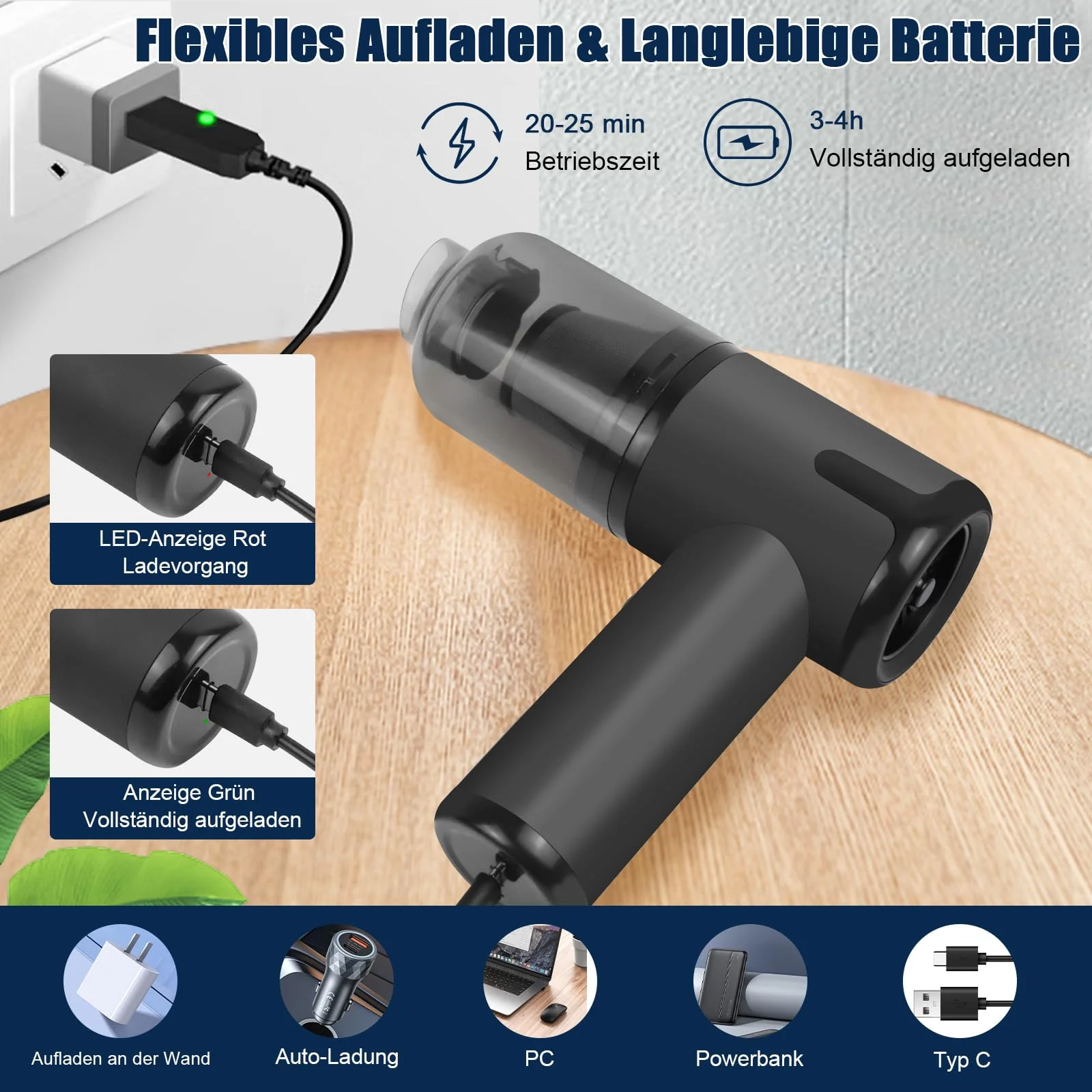 TENGWUDZ Handstaubsauger Kabellos,7000PA Akku Handstaubsauger,120W Mini Autostaubsauger 3 in1 Auto Kabello Handstaubsauge Staubsauger Gebläse (Black) - Image 3