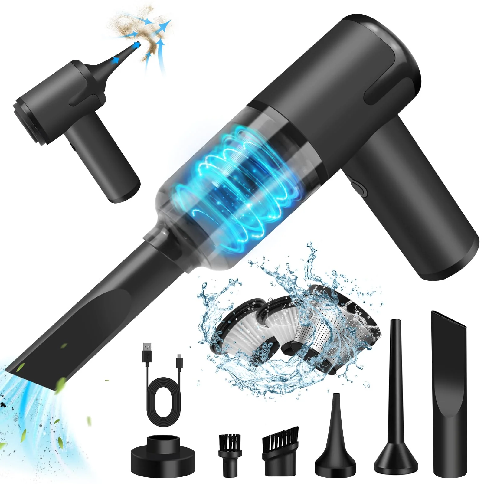 TENGWUDZ Handstaubsauger Kabellos,7000PA Akku Handstaubsauger,120W Mini Autostaubsauger 3 in1 Auto Kabello Handstaubsauge Staubsauger Gebläse (Black) - Image 5
