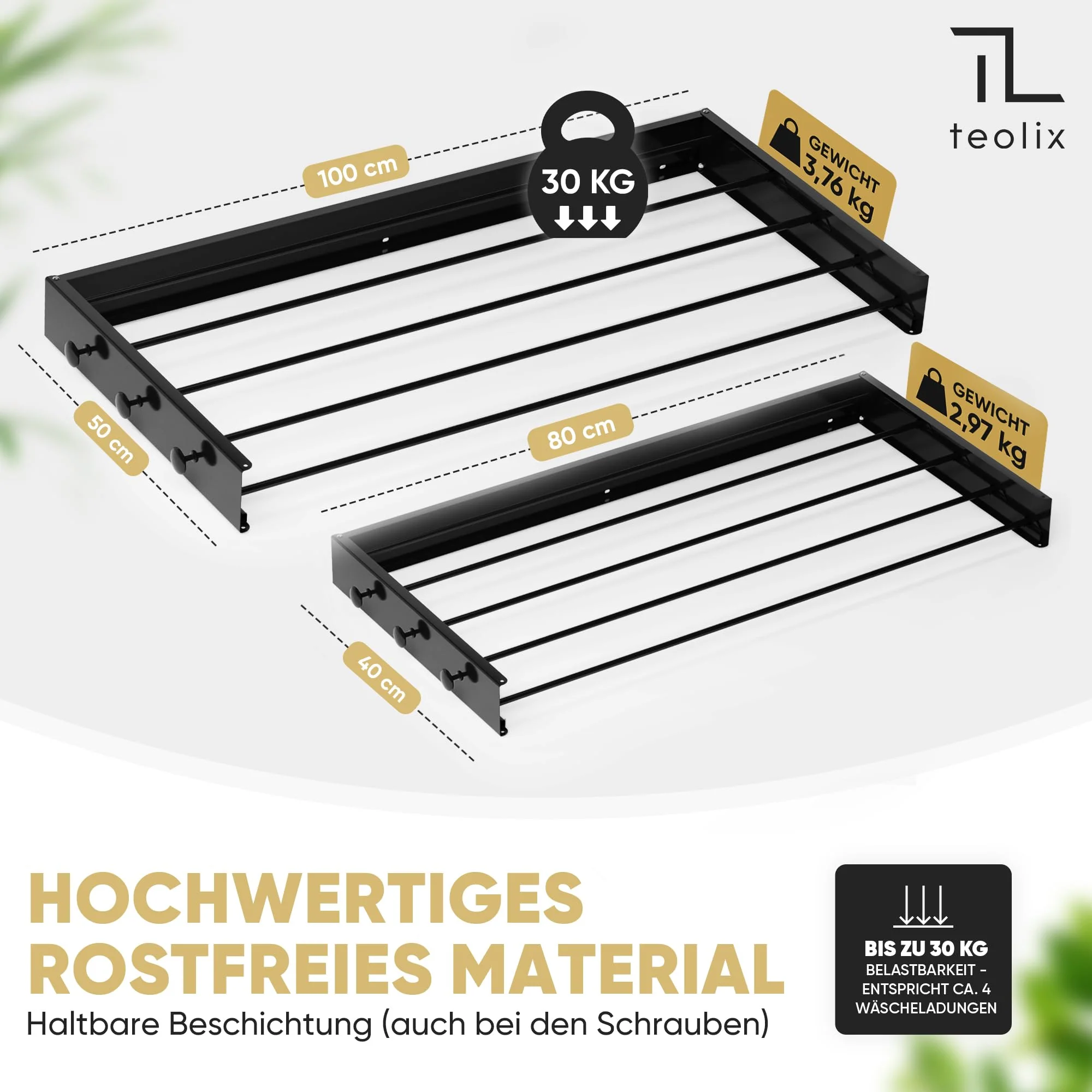 teolix Wäscheständer Wandmontage [2in1 mit extra Kleiderhaken] Ausziehbar und Platzsparend | Wäschetrockner Klein für Wand | Clothes Drying Rack Zeitlos Praktisch - (Schwarz, 80cm)