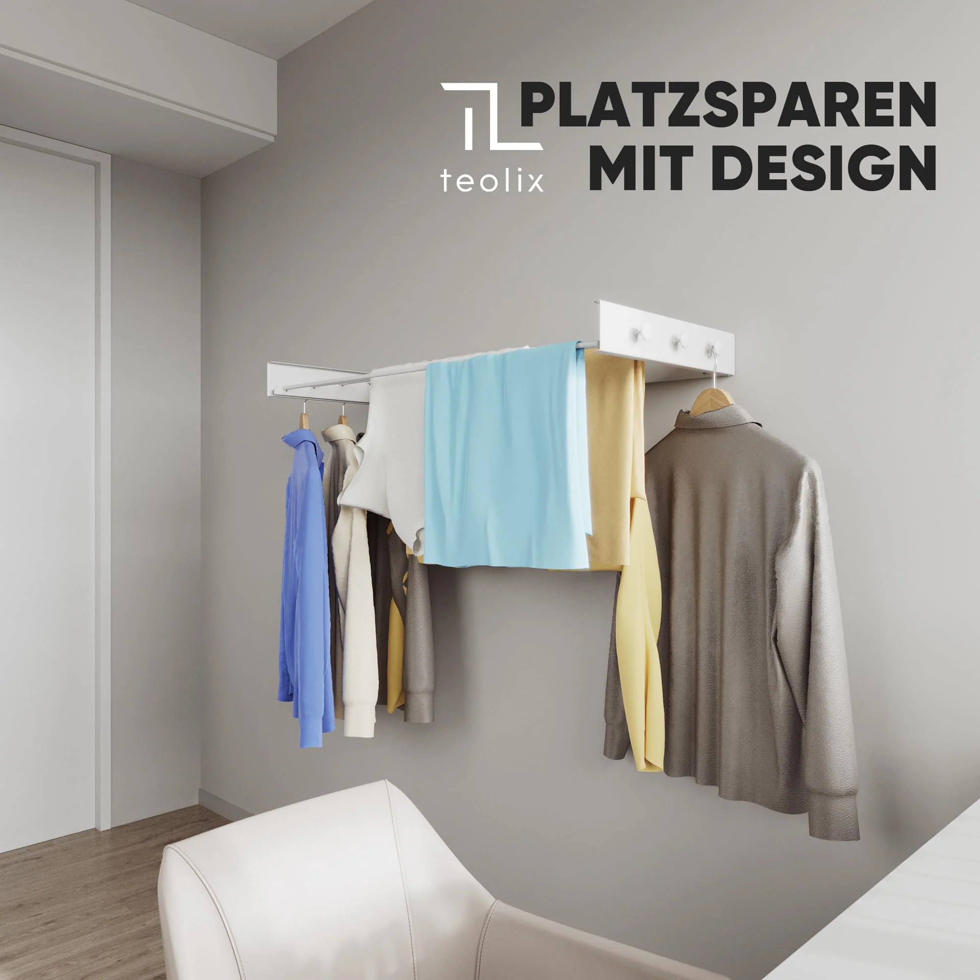 teolix Wäscheständer Wandmontage [2in1 mit extra Kleiderhaken] Ausziehbar und Platzsparend | Wäschetrockner Klein für Wand | Clothes Drying Rack Zeitlos Praktisch - (Weiß, 80cm) - Image 4