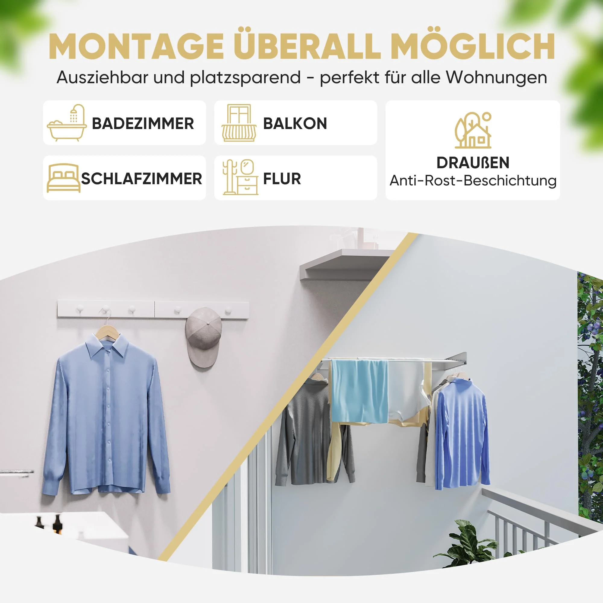 teolix Wäscheständer Wandmontage [2in1 mit extra Kleiderhaken] Ausziehbar und Platzsparend | Wäschetrockner Klein für Wand | Clothes Drying Rack Zeitlos Praktisch - (Weiß, 80cm) - Image 5