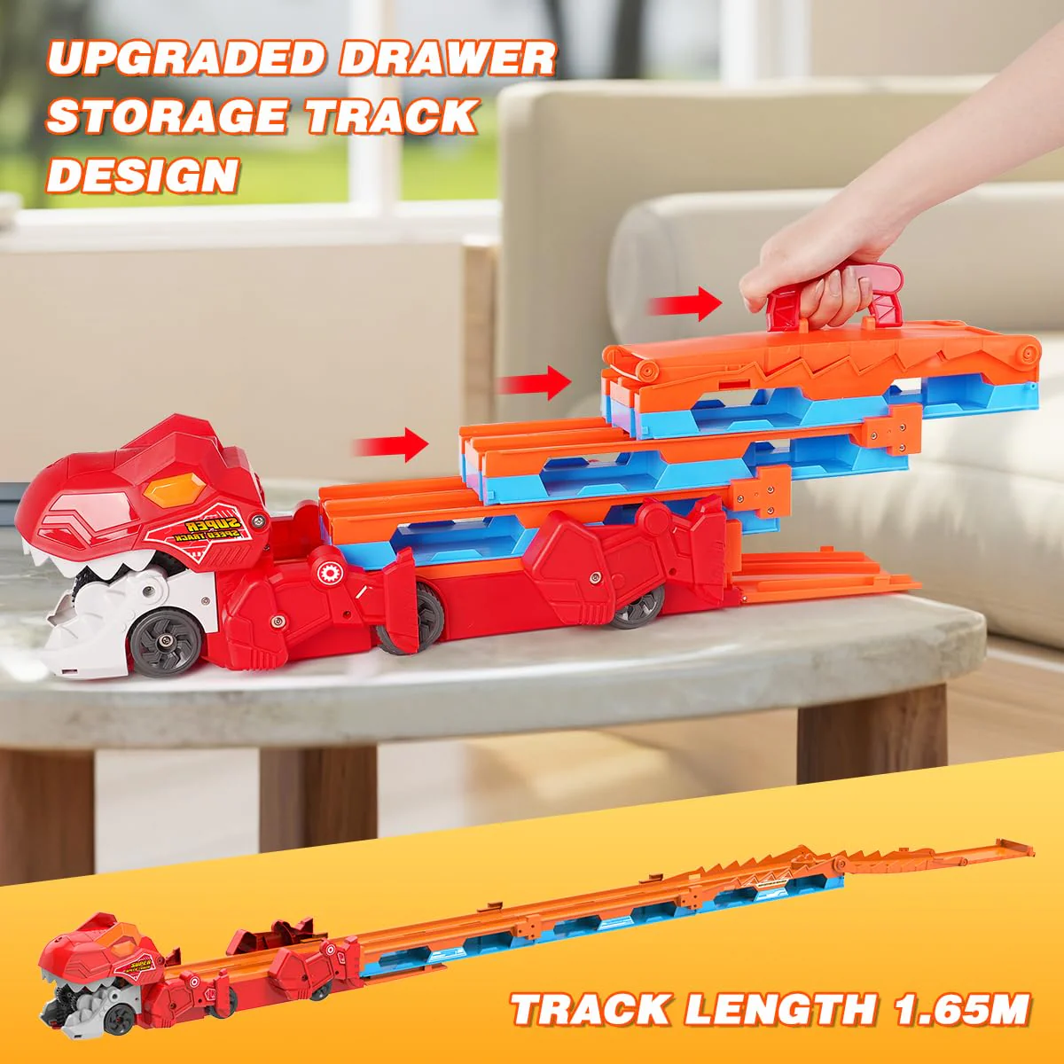 TERRAMUS Dinosaurier Transport Truck Spielzeugauto für Kinder - 3 in 1 Auswurf Folding Track Auto Spielzeug mit 8 Rennwagen, Portable Träger Fahrzeuge Spielzeug Race Cars Set für Jungen 3-5 Jahre alt - Image 3