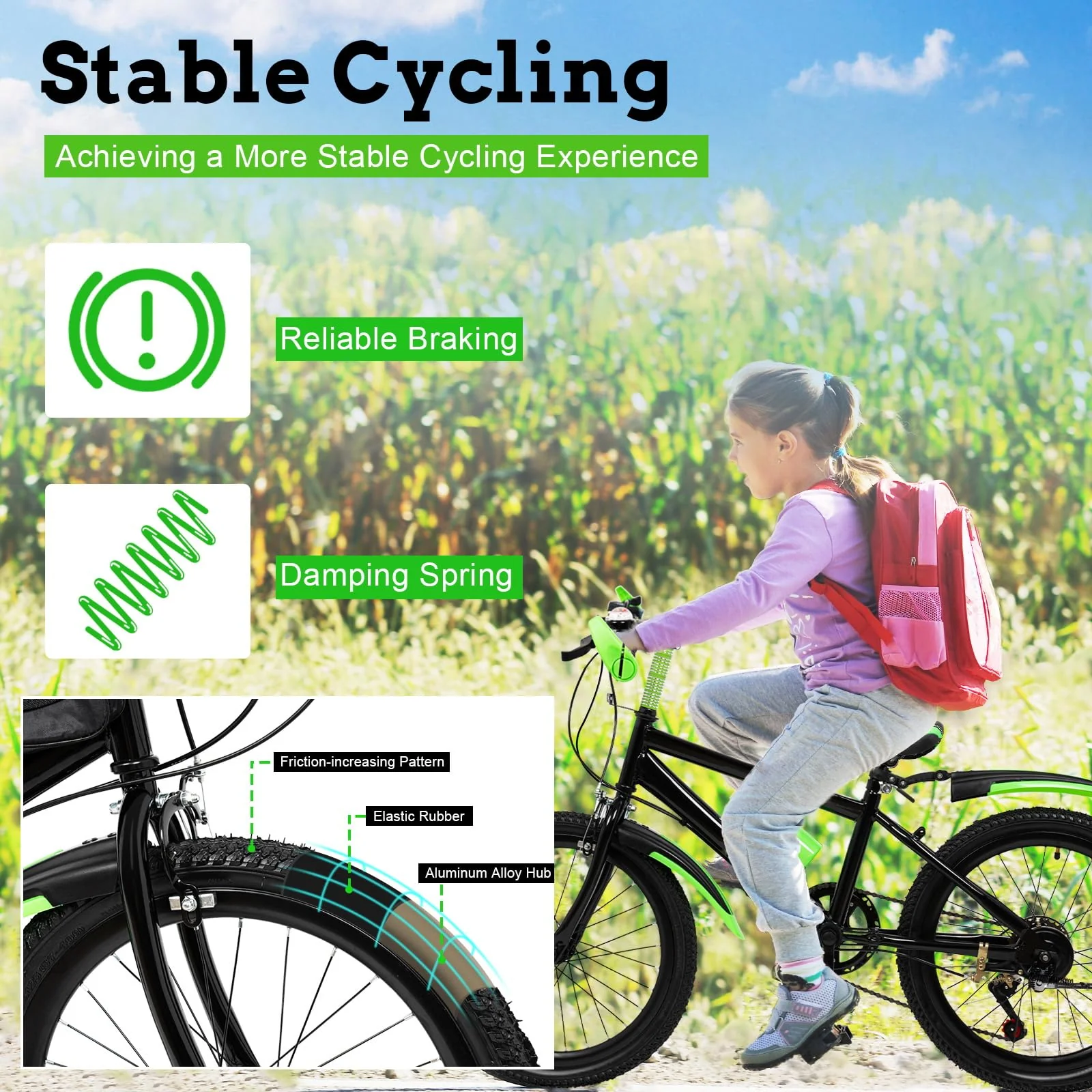 TESUGN 20 Zoll Kinderfahrrad, 7 Gang Mountainbike Kinder Fahrrad, Aluminium Mountainbike mit V-Bremse für Mädchen und Jungen, Grün - Image 2