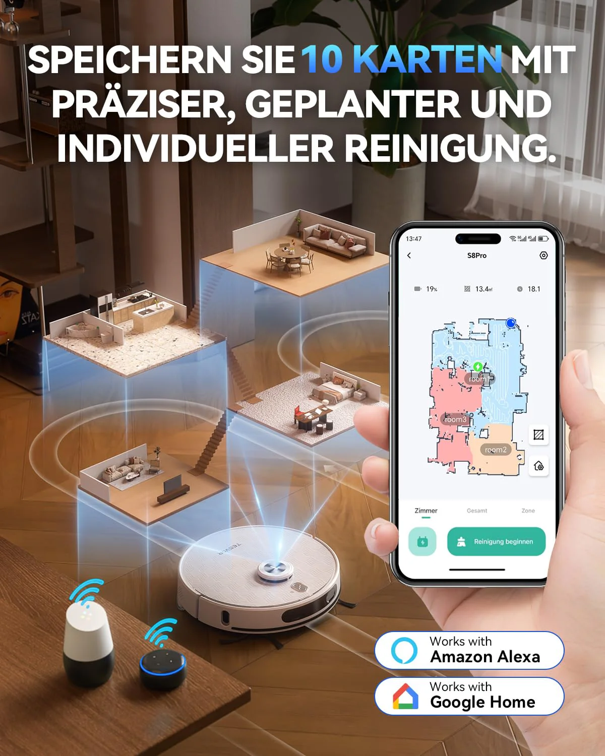 Tesvor S8Pro Saugroboter mit Wischfunktion -8000Pa Staubsauger Roboter 3in1 Roboterstaubsauger+LiDAR-Navigation+240 Min Laufzeit,APP/Alexa Steuerung,ideal für Haustierhaare,Teppiche,Hartböden. - Image 5