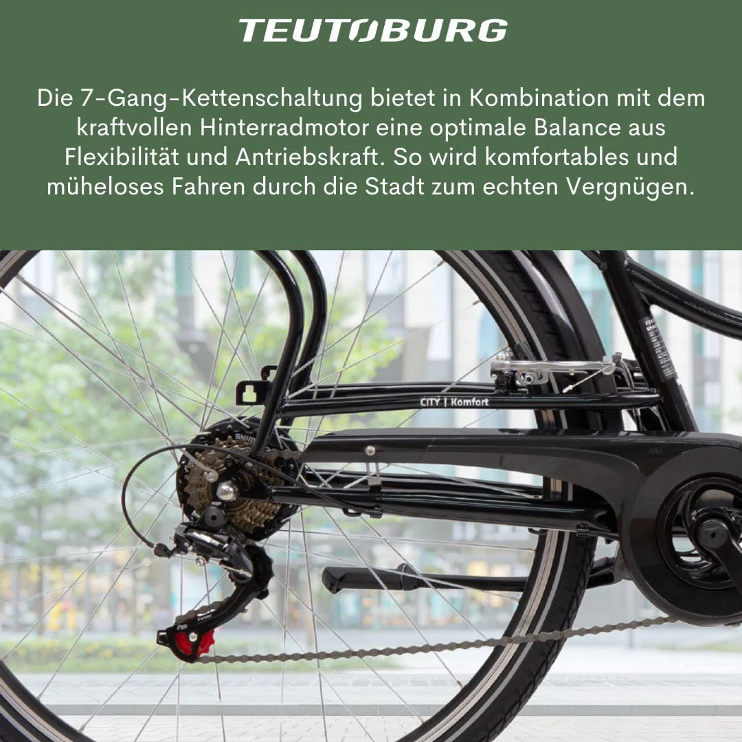 Teutoburg Senne Fahrrad Pedelec Citybike Elektrofahrrad schwarz, E-Bike 28 Zoll, 10,4 Ah/36V Lithium Ionen Akku, 7-Gang Kettenschaltung, inkl. Panzerkabelschloss - Image 5