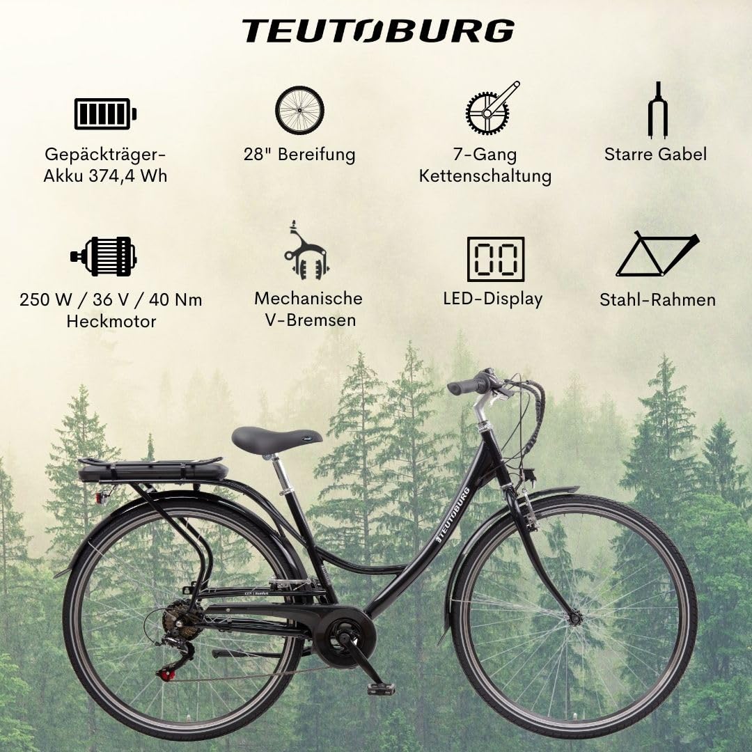 Teutoburg Senne Fahrrad Pedelec Citybike Elektrofahrrad schwarz, E-Bike 28 Zoll, 10,4 Ah/36V Lithium Ionen Akku, 7-Gang Kettenschaltung, inkl. Panzerkabelschloss - Image 7