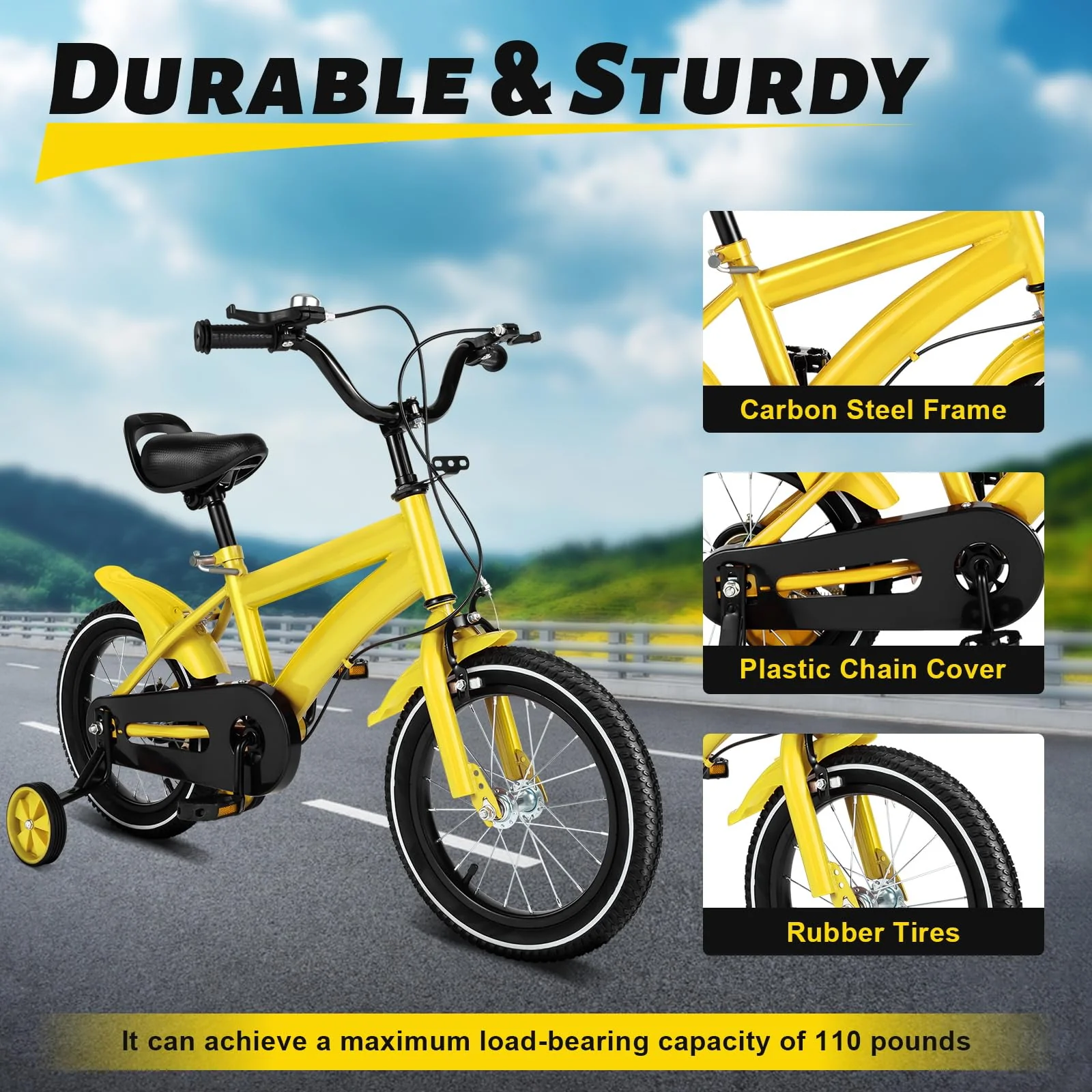 TFIANYNI Kinderfahrrad 14 Zoll, Kohlenstoffstahl Fahrrad 14 Zoll Mit Stützräder Abnehmbare, Fahrrad Für Kinder 100-115cm, Max Tragfähigkeit 50kg, Kinderrad Geschenke (Gelb) - Image 4